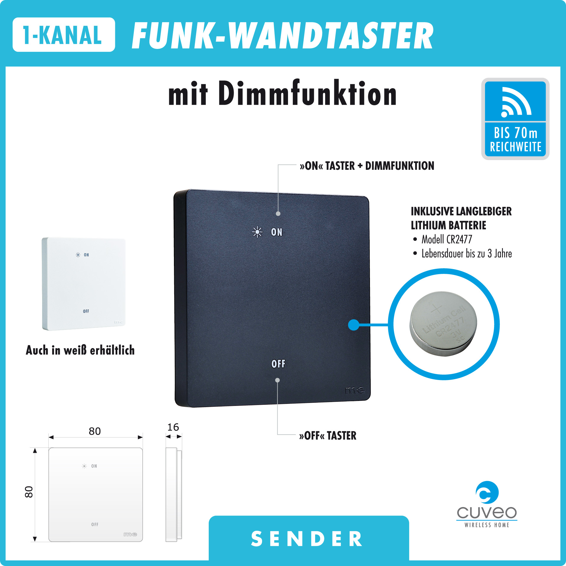CUVEO Starterset 9, Wandtaster 1-Kanal wahlweise in Farbe schwarz oder weiß mit 1x Aussen-Schalter