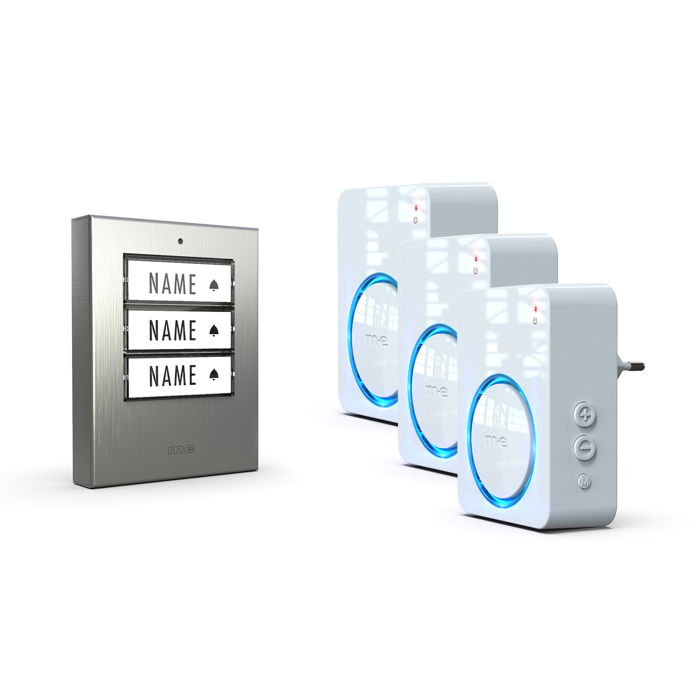 Funk-Türklingel-Set BELL-523-AC-EG – Kabellose Türklingel für 3 Familienhäuser, netzbetriebene Funkklingel mit Empfänger & Sender in Edelstahl gebürstet. Funk-Türklingel-Set BELL-523-AC-EG – Kabellose Türklingel für 3 Familienhäuser, netzbetriebene Funkklingel mit Empfänger & Sender in Edelstahl gebürstet.