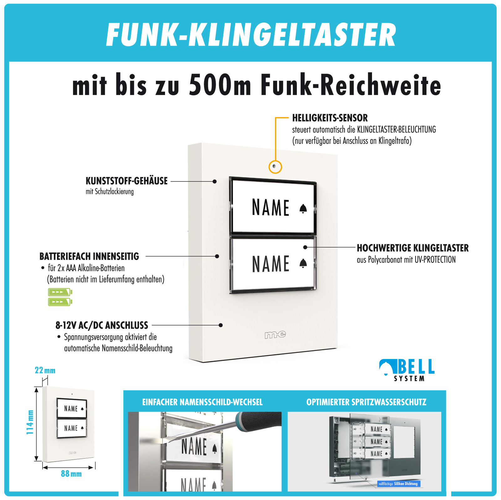 PROMO Funk-Türglocken-Set für 1, 2 oder 3-Fam.-Haus, Sender in silber, anthrazit oder weiß u. Empfänger mit Durchstecker/Steckdose