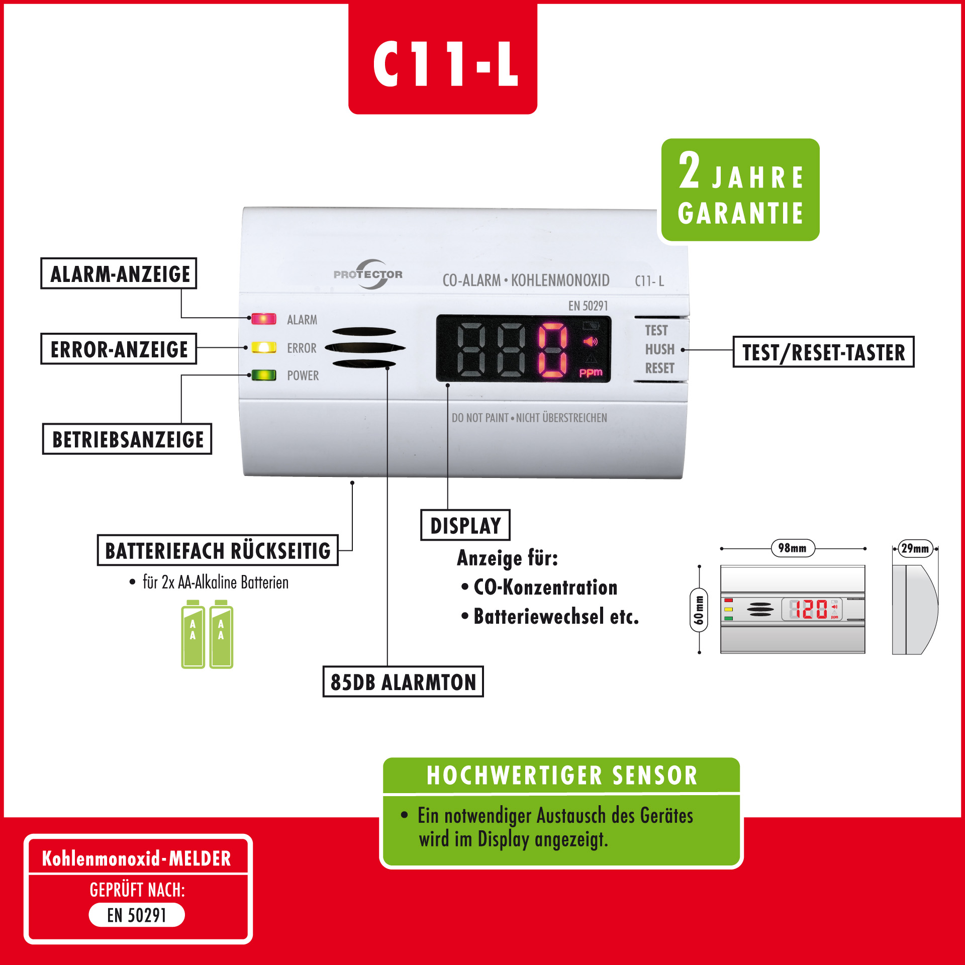 CO-Gasmelder mit LED Anzeige CO-Gasmelder mit LED Anzeige