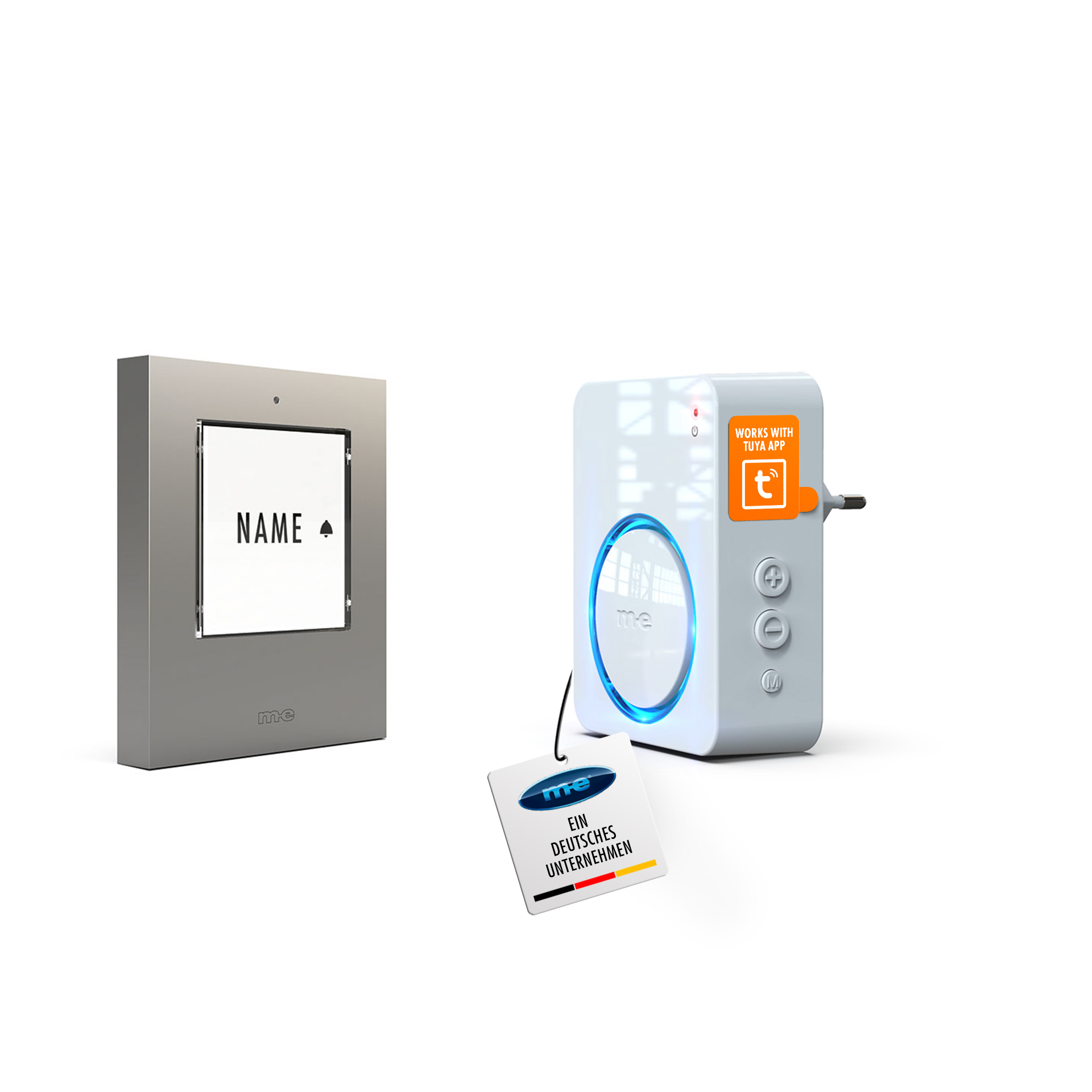 PROMOSET WIFI wahlweise für 1-, 2- oder 3-Familienhäuser mit WIFI Funk-Türglocke für die Steckdose, Sender wahlweise in Kunststoff oder Edelstahl