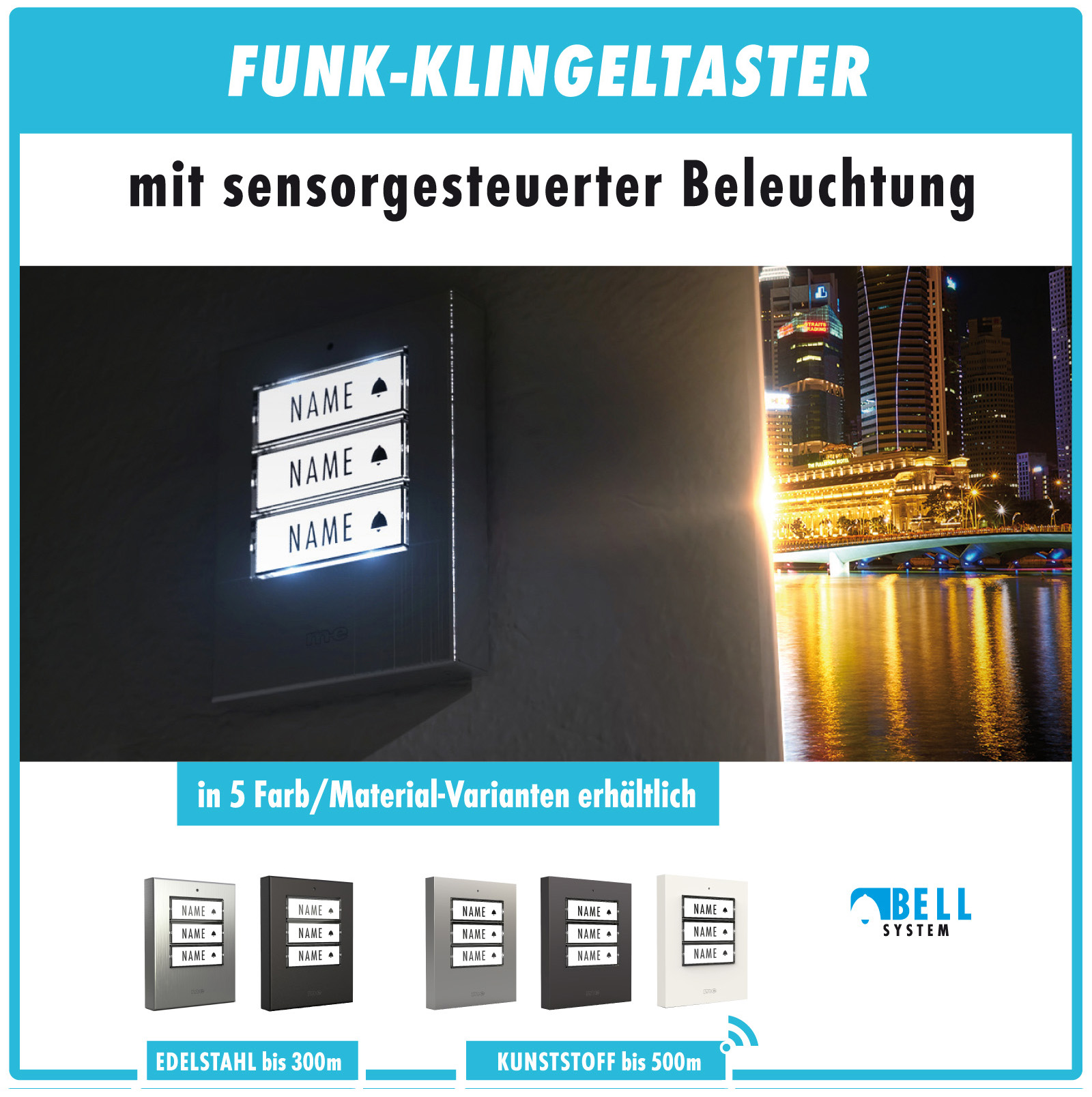 Funk-Türklingel-Set BELL-523-AC-EG – Kabellose Türklingel für 3 Familienhäuser, netzbetriebene Funkklingel mit Empfänger & Sender in Edelstahl gebürstet. Funk-Türklingel-Set BELL-523-AC-EG – Kabellose Türklingel für 3 Familienhäuser, netzbetriebene Funkklingel mit Empfänger & Sender in Edelstahl gebürstet.