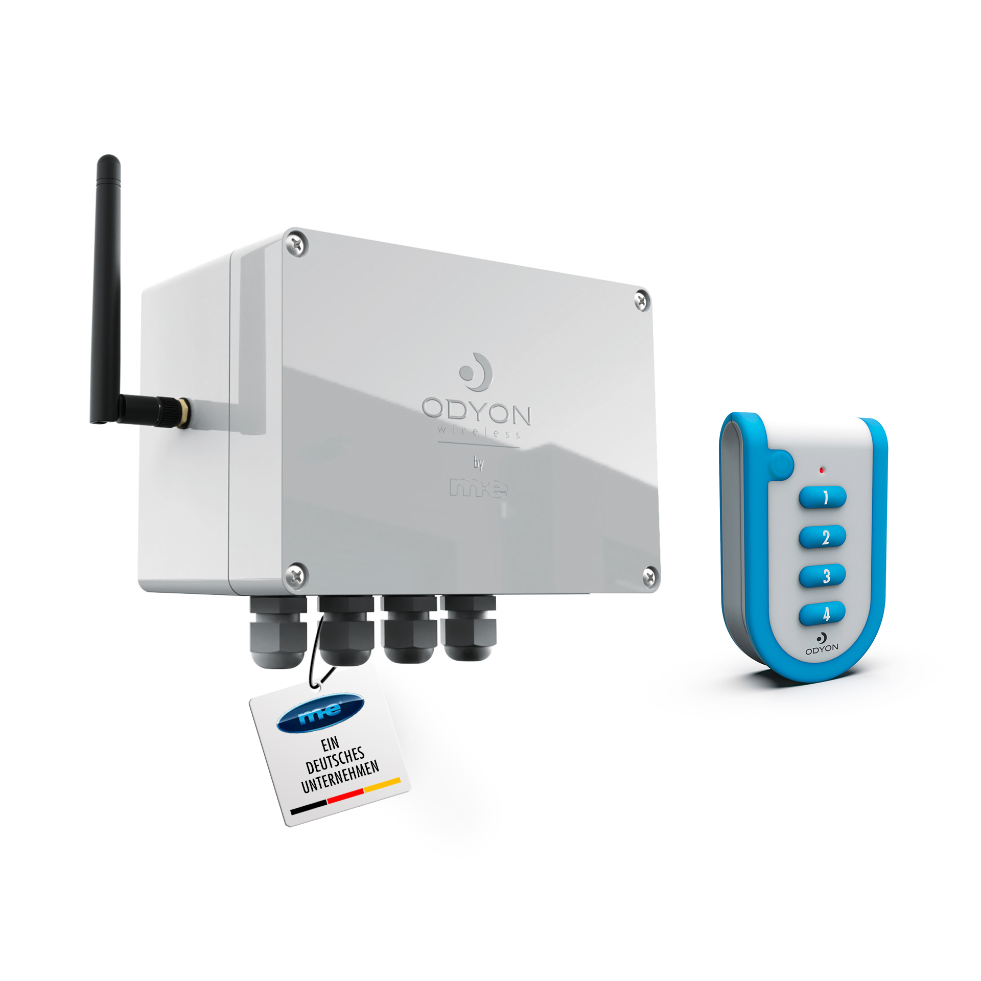 ODYON PRO POWER-SET 4: Wandempfänger 4-Kanal wahlweise 230V oder 24V + Handsender 4-Kanal + Stab-Antenne