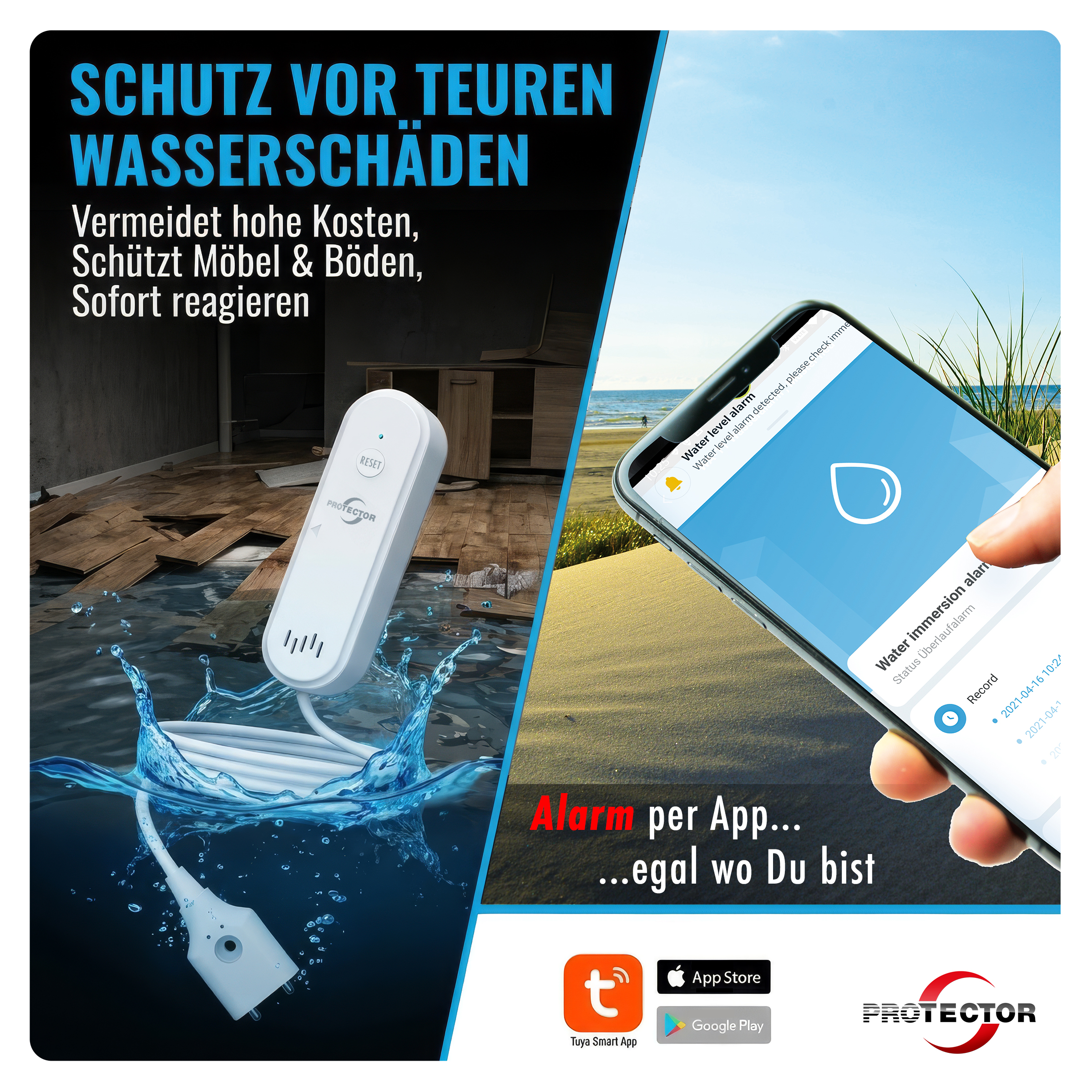2er-Set WLAN WASSERALARM, mit Kabel, 2-fache Sicherheit