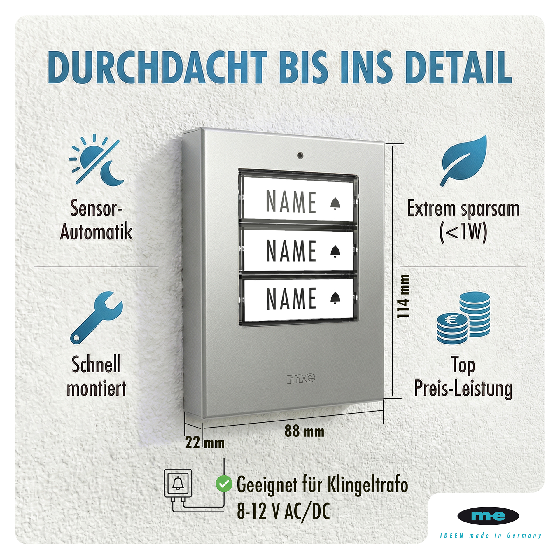 Klingeltaster, beleuchtet 1, 2, 3-Familienh. Kunststoff oder Edelstahl (AP)