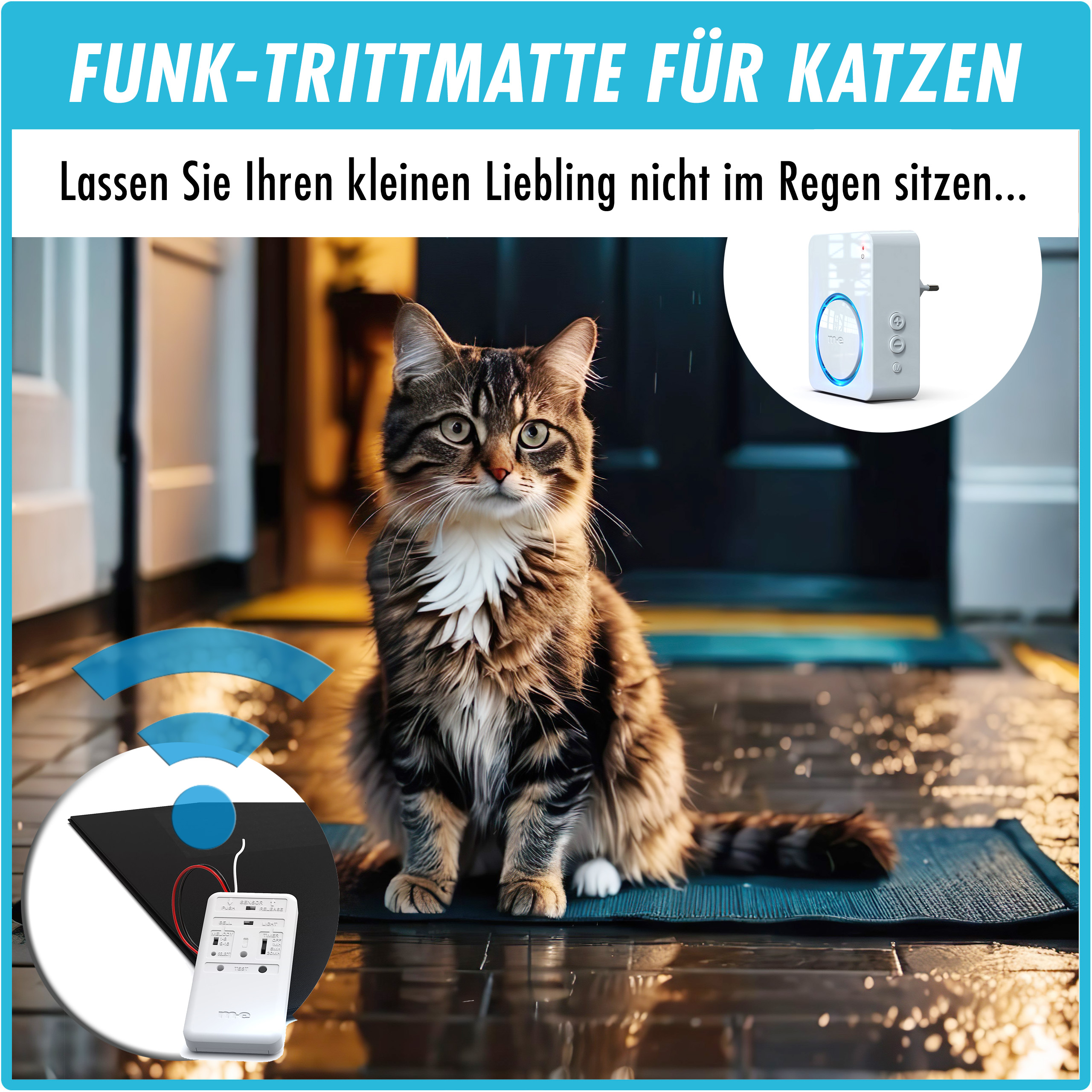 Funk-Signalmatte für Katzen, im SET mit Funkgong-Empfänger, wahlweise mit Netzstecker oder Batterie