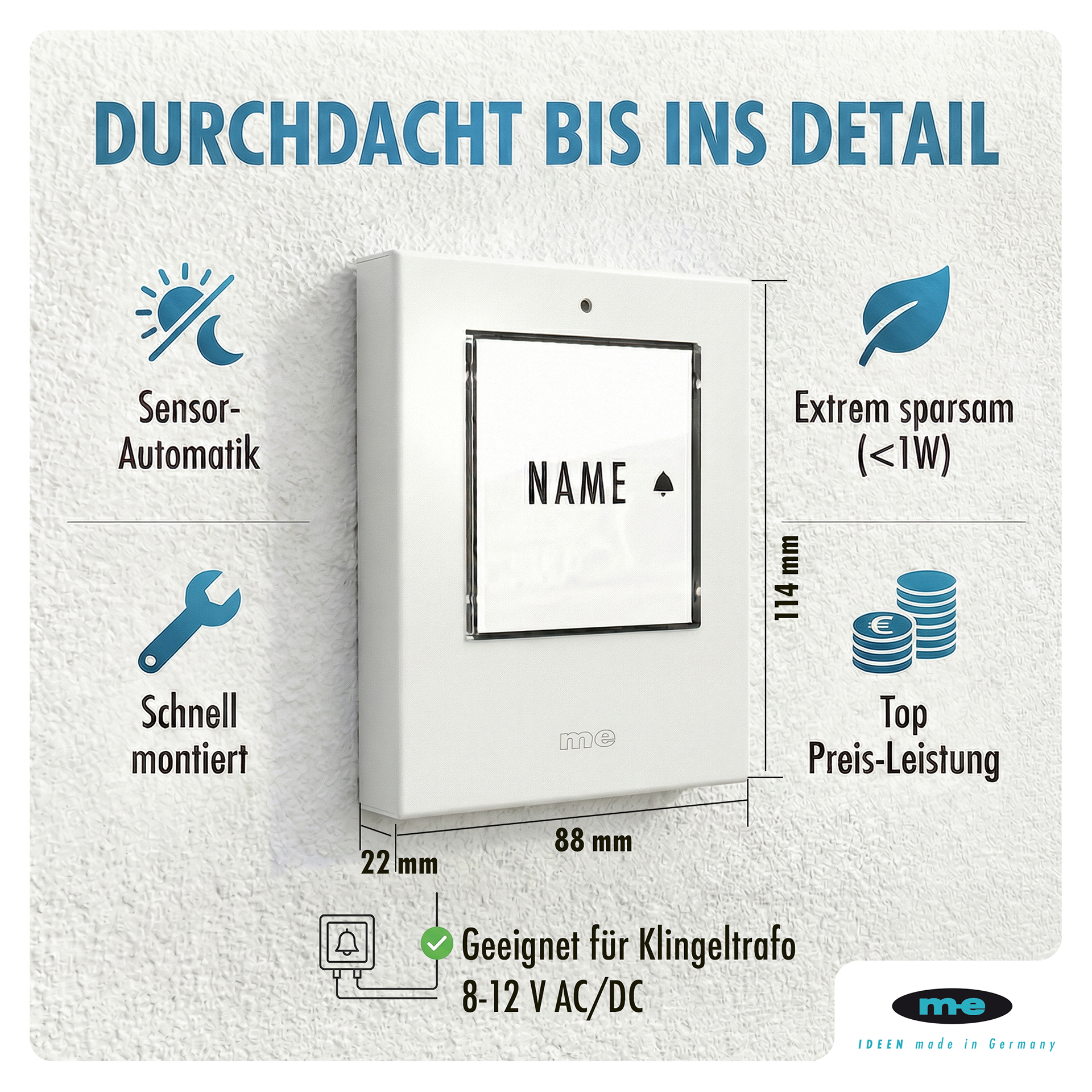 Klingeltaster, beleuchtet 1, 2, 3-Familienh. Kunststoff oder Edelstahl (AP)