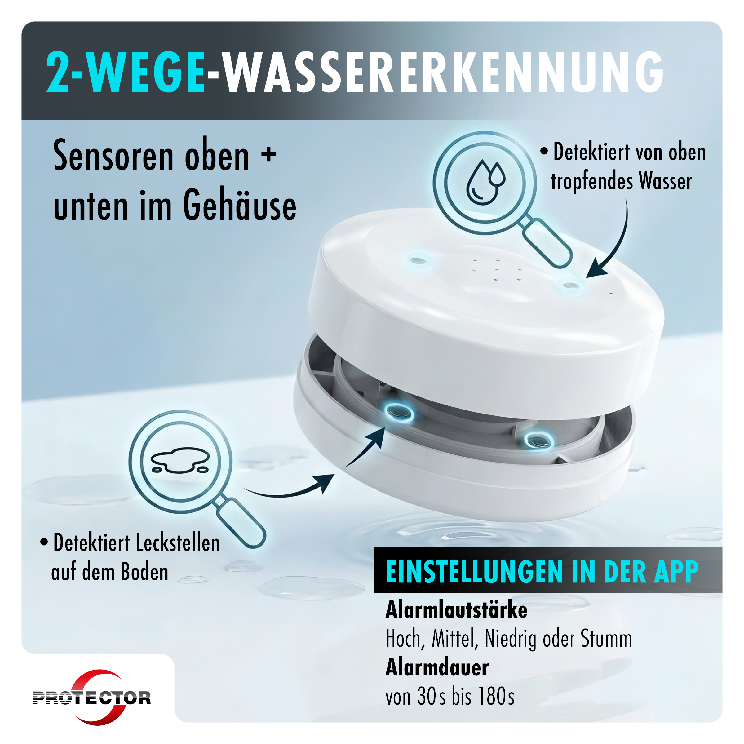 3er-Set WLAN WASSERALARM, rund, 2-fache Sicherheit
