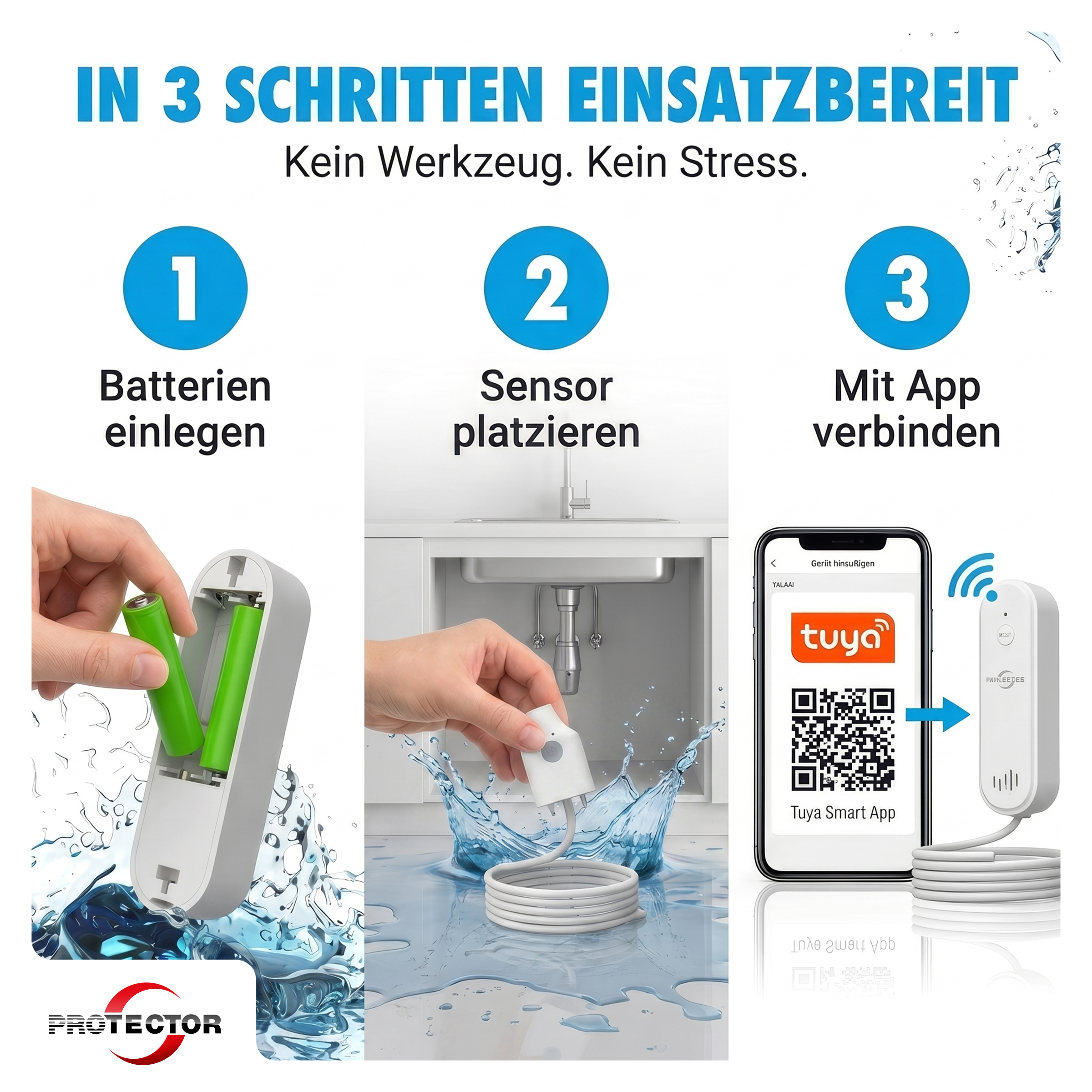 2er-Set WLAN WASSERALARM, mit Kabel, 2-fache Sicherheit