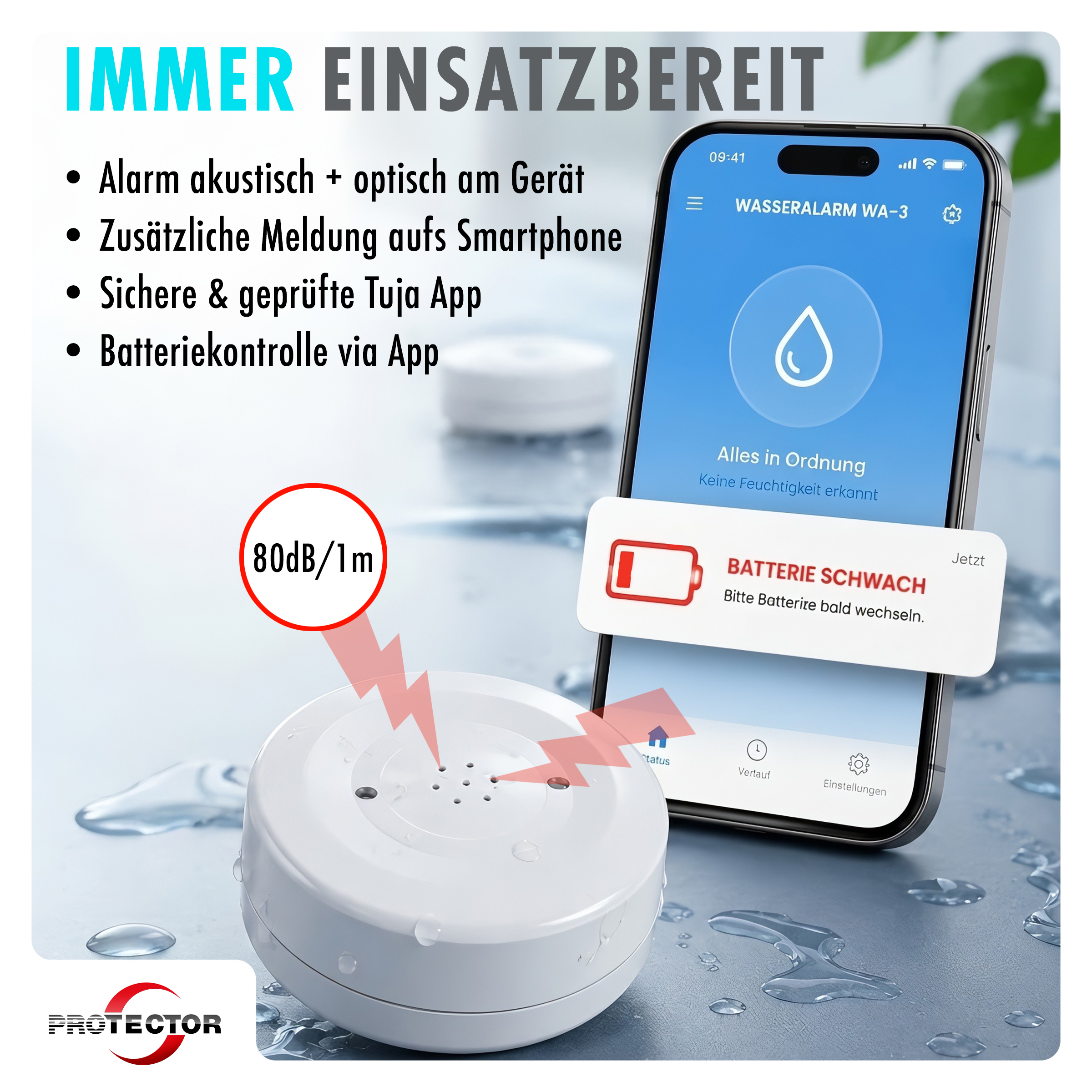 3er-Set WLAN WASSERALARM, rund, 2-fache Sicherheit