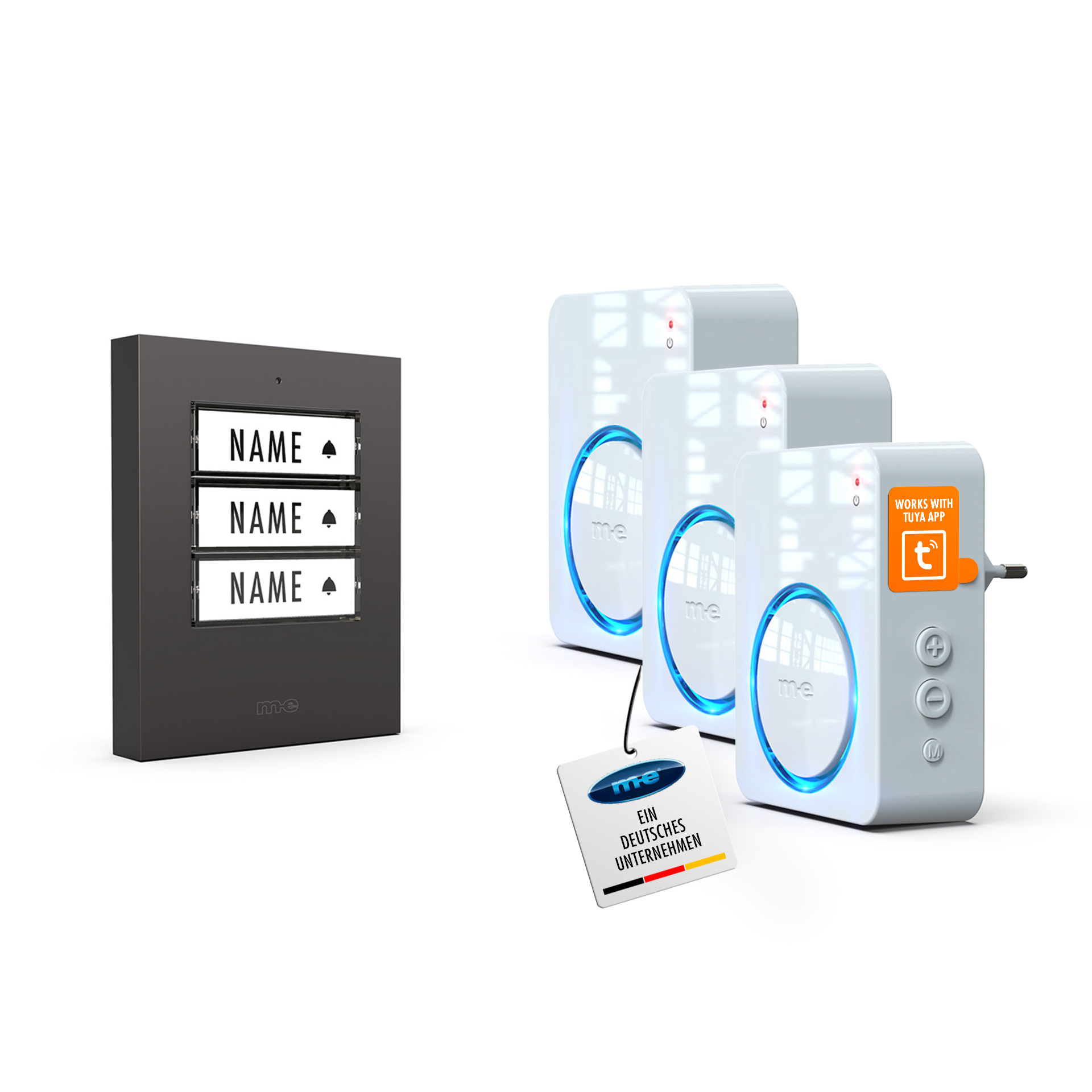 PROMOSET WIFI wahlweise für 1-, 2- oder 3-Familienhäuser mit WIFI Funk-Türglocke für die Steckdose, Sender wahlweise in Kunststoff oder Edelstahl