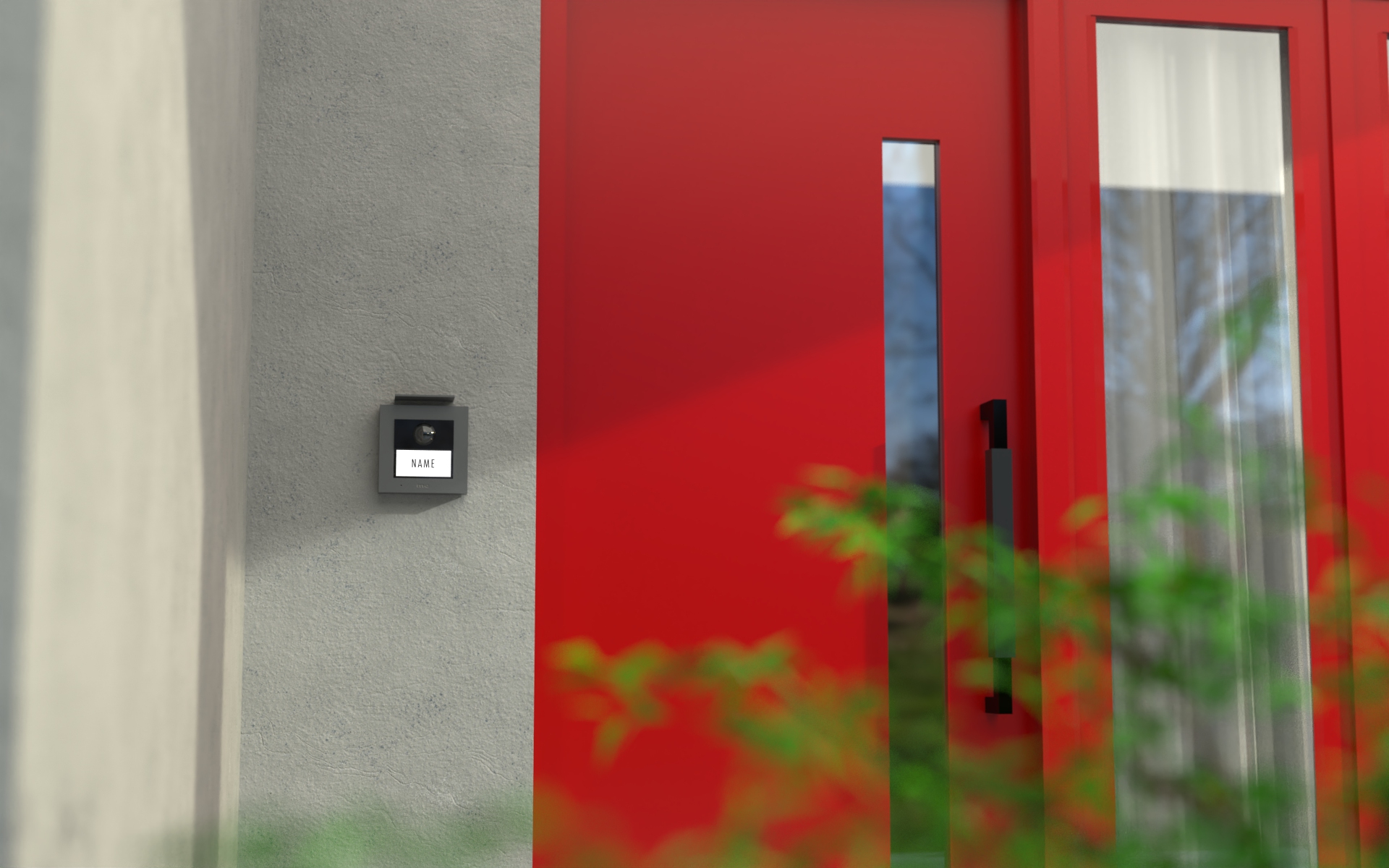 VS-21-A-Villa-mit-Ahorn-1-Frontseite-rote-Tuer-Fin1-1057 iP WLAN / LAN Video Türsprechstation RFID ALU 1-Fam.-Haus (AP) Farbe silber, anthrazit oder weiß