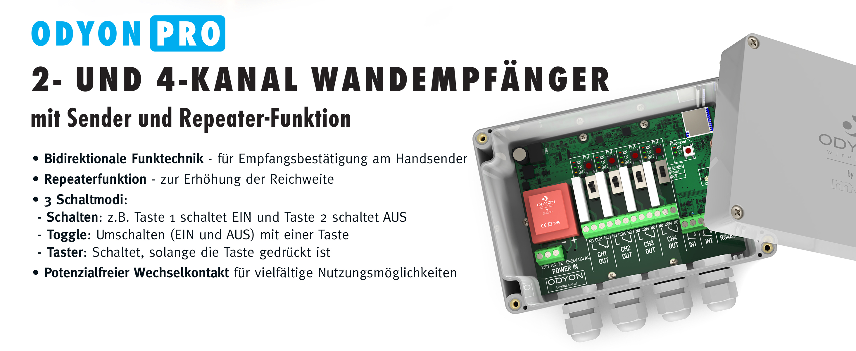 ODYON PRO POWER-SET 4: Wandempfänger 4-Kanal wahlweise 230V oder 24V + Handsender 4-Kanal + Stab-Antenne