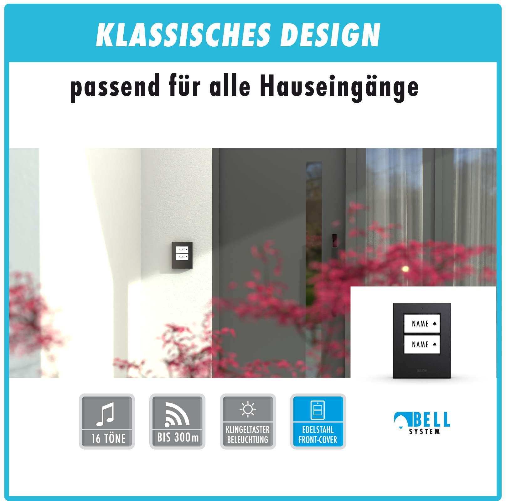 PROMO Funk-Türglocken-Set für 1, 2 oder 3-Fam.-Haus, Sender in silber, anthrazit oder weiß u. Empfänger mit Durchstecker/Steckdose