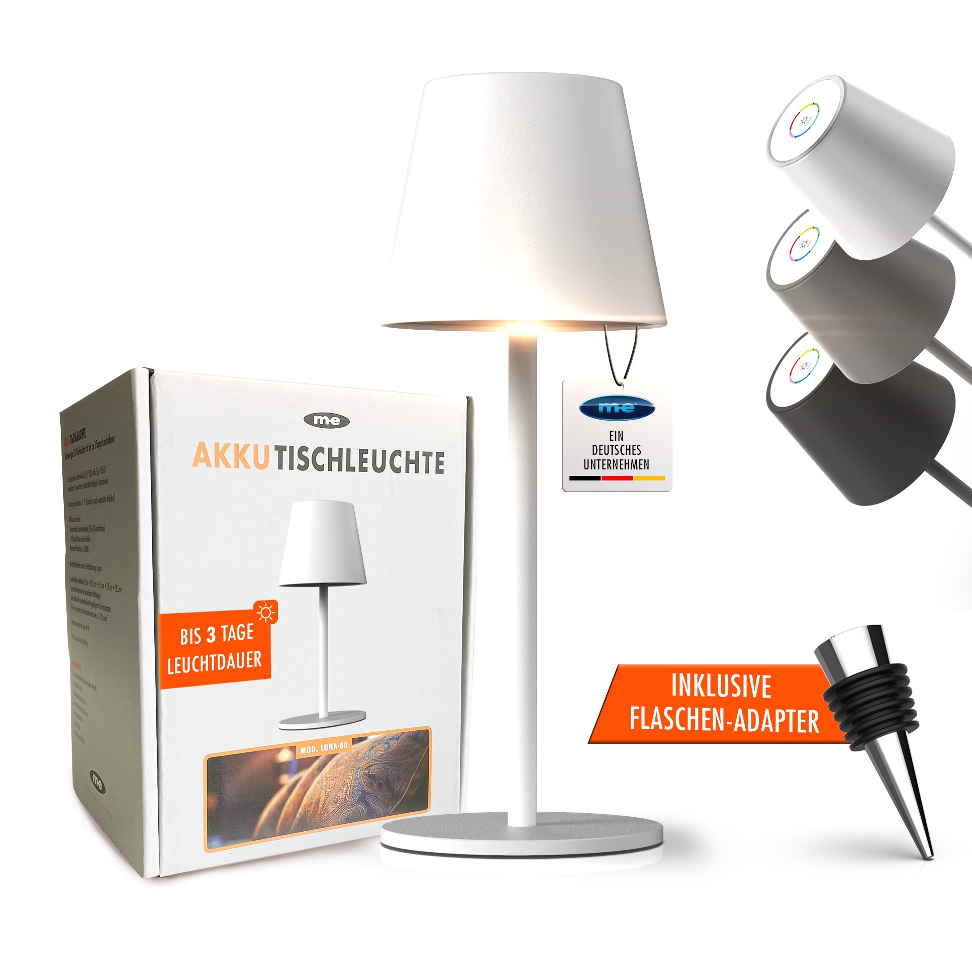 LED-Tischleuchte LUNA-80 W in WEISS, Kabellose Akku-Tischlampe mit Langzeit-Beleuchtung von 8 bis 72 Std durch 5200mAh Akku, inklusive Flaschenadapter