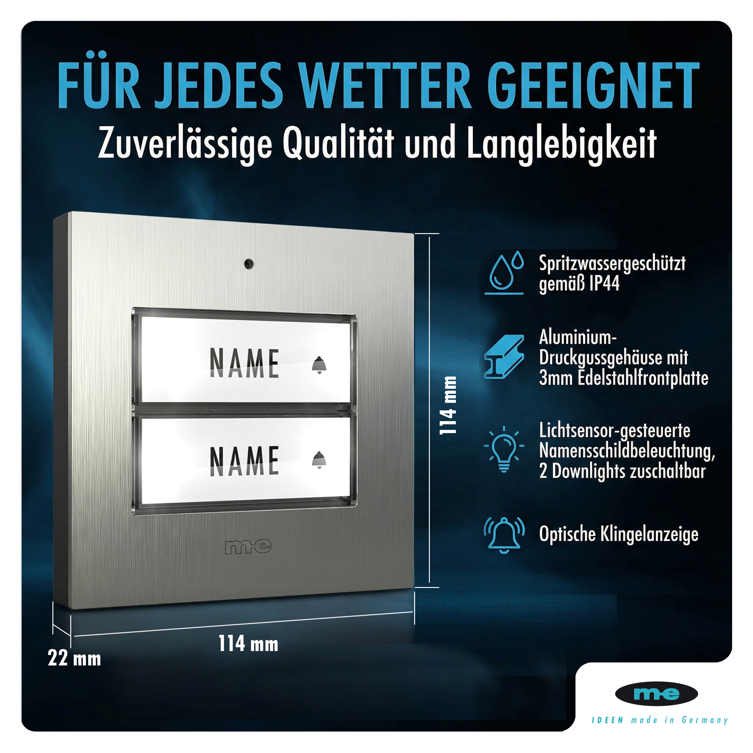 Klingeltaster, beleuchtet 1, 2-Familienh. Edelstahl (AP)