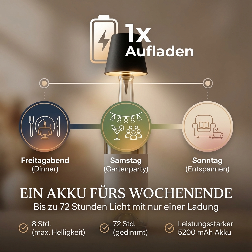 LED Flaschenleuchte mit Lithium-Akku, wahlweise in Farbe schwarz, grau oder weiß