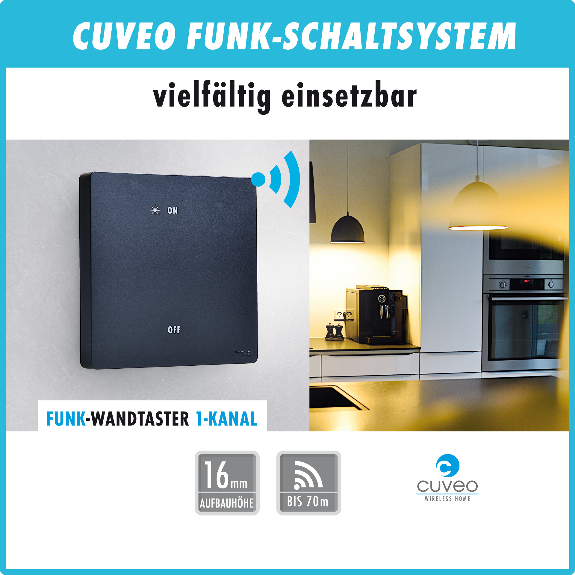 CUVEO Starterset 9, Wandtaster 1-Kanal wahlweise in Farbe schwarz oder weiß mit 1x Aussen-Schalter