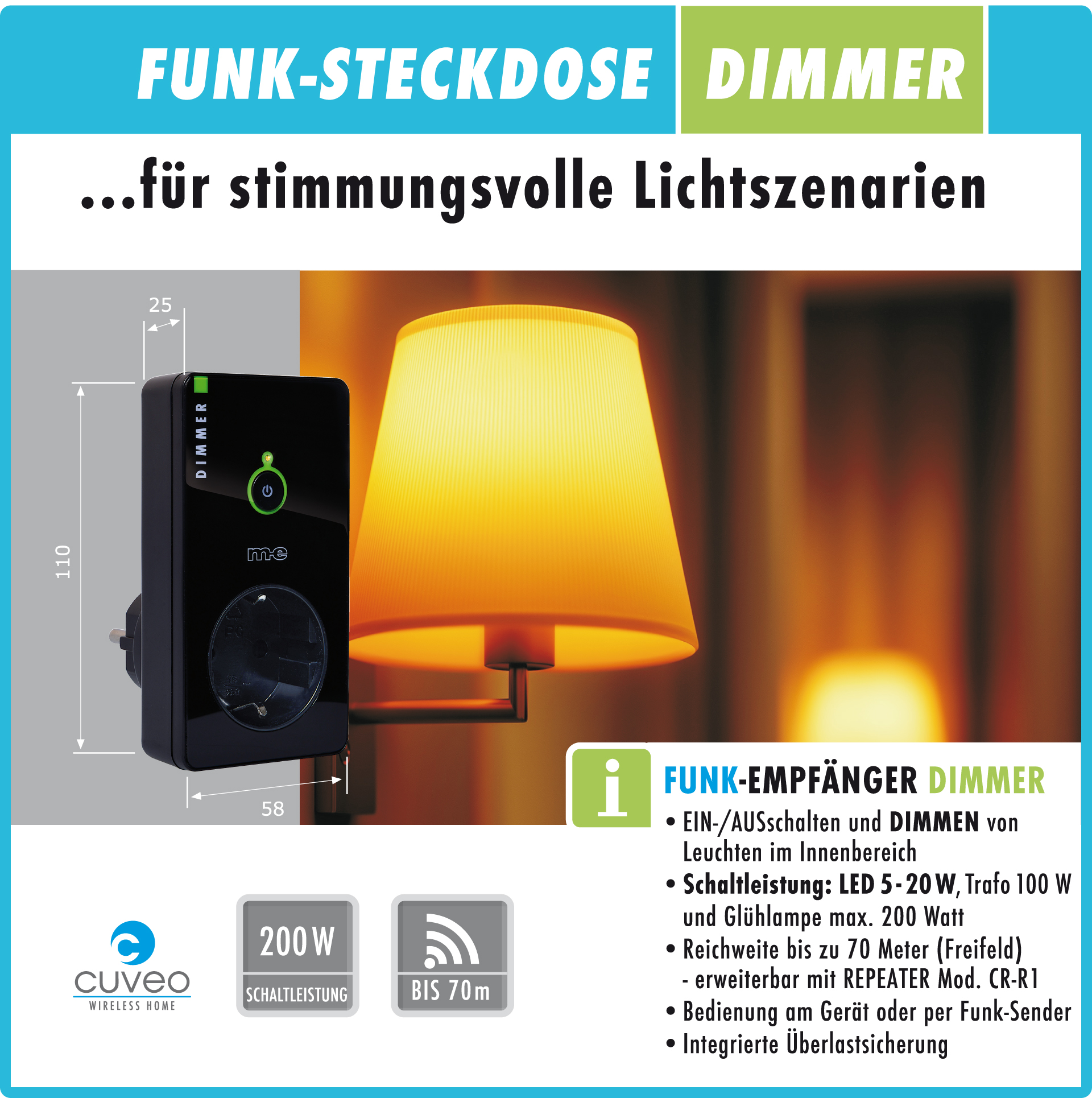 Startersets mit Funk-Fernbedienung und Steckdosen-Dimmer, wahlweise 1-3 Stück, in Farbe weiß oder schwarz