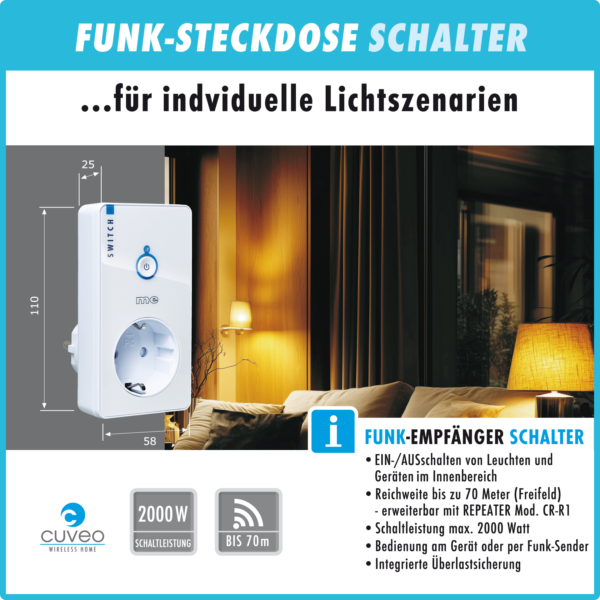 CUVEO Startersets mit Funk-Steckdose & Wandtaster 1- oder 2-Kanal, wahlweise in Farbe weiß oder schwarz