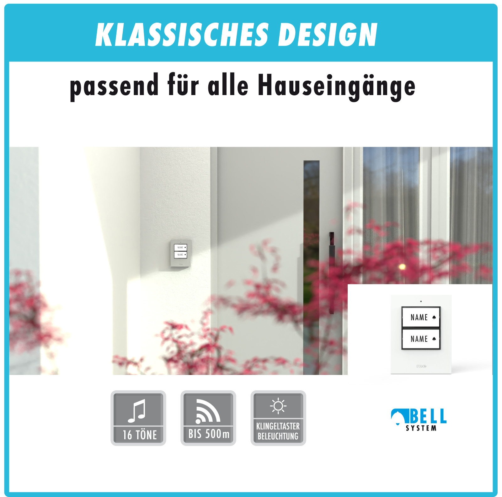 PROMO Funk-Türglocken-Set für 1, 2 oder 3-Fam.-Haus, Sender in silber, anthrazit oder weiß u. Empfänger mit Durchstecker/Steckdose