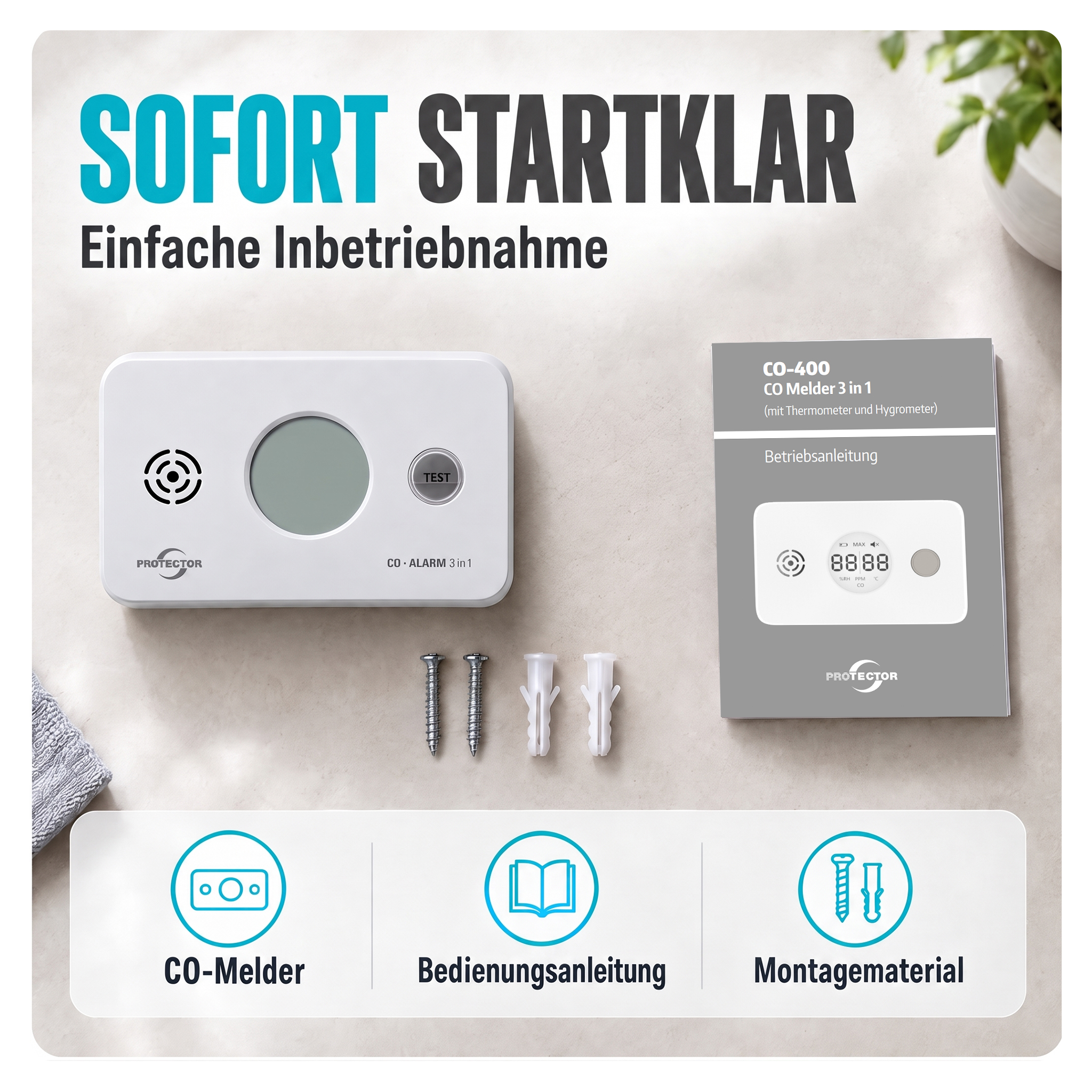 CO-Gasmelder 3-in-1-Melder, Kohlenmonoxid-Melder mit Thermometer + Hygrometer