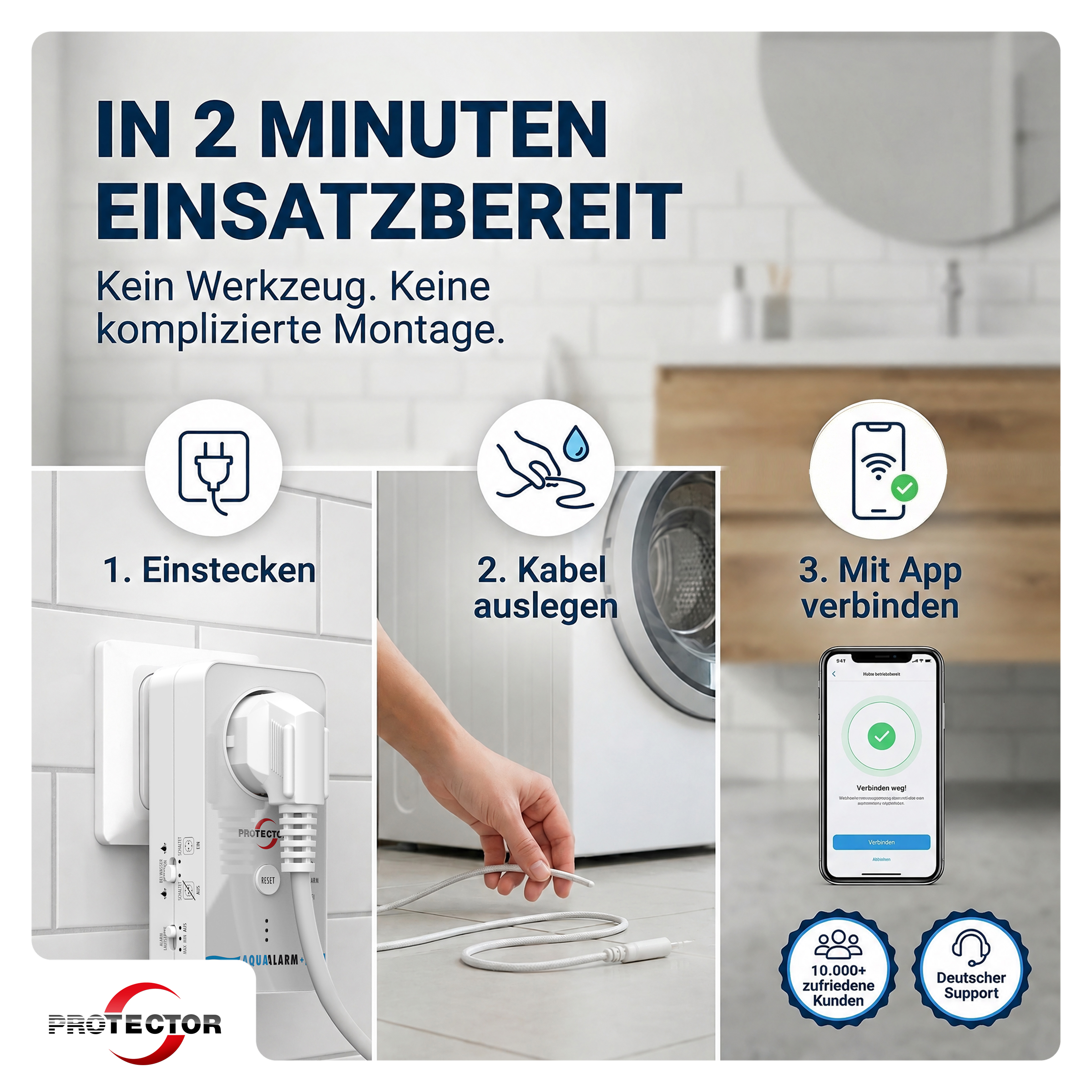 NEU WLAN WASSERALRM, mit full-sensitiven Detektorkabel, 3-fache Sicherheit