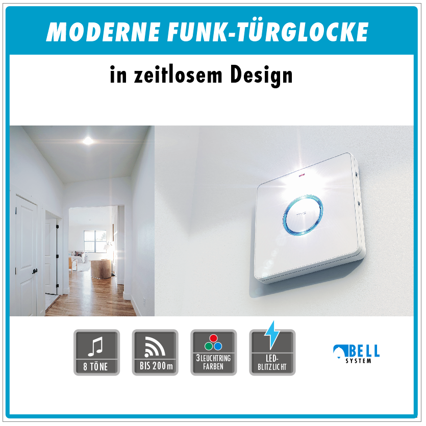 Funk-Türklingel-Set BELL-532-W – Kabellose Türklingel für 2 Familienhäuser, batteriebetriebene Funkklingel mit Empfänger & Sender in Kunststoff weiß. Funk-Türklingel-Set BELL-532-W – Kabellose Türklingel für 2 Familienhäuser, batteriebetriebene Funkklingel mit Empfänger & Sender in Kunststoff weiß.