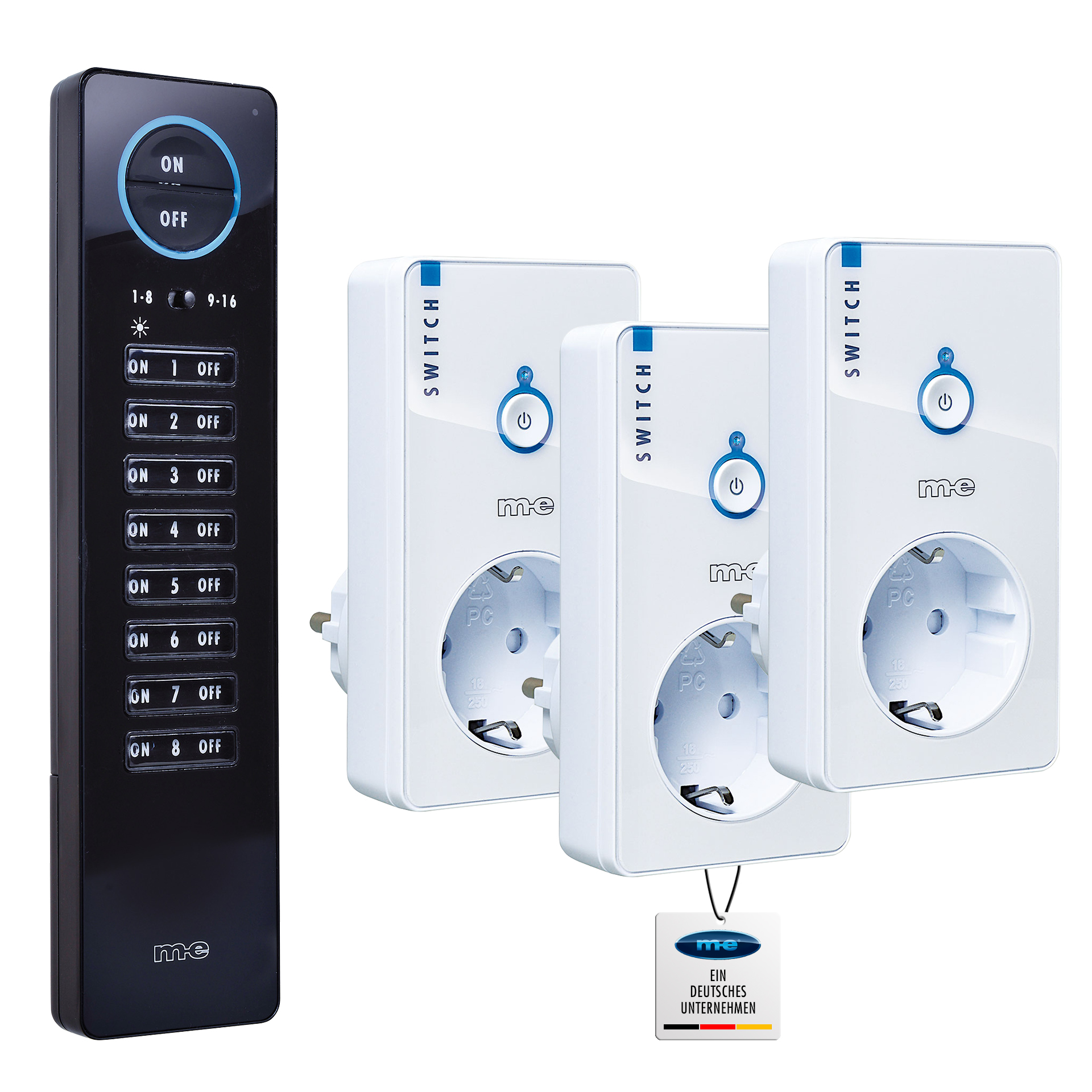 Starterset 1, Funk-Fernbedienung + 3x Steckdosen Schalter, wahlweise in Farbe weiß oder schwarz