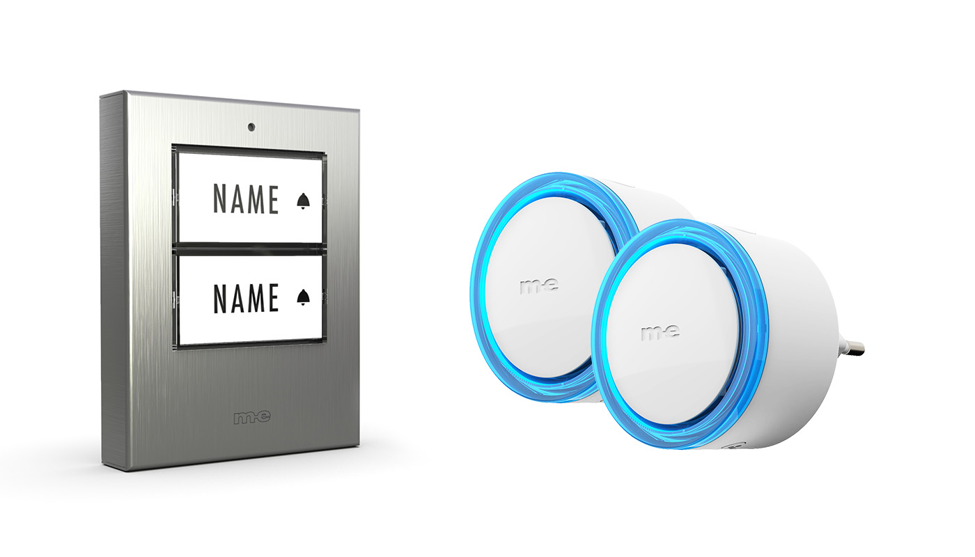 Funk-Türklingel-Set BELL-572-EG– Kabellose Türklingel für 2 Familienhäuser, netzbetriebene Funkklingel mit Empfänger & Sender in Edelstahl gebürstet.