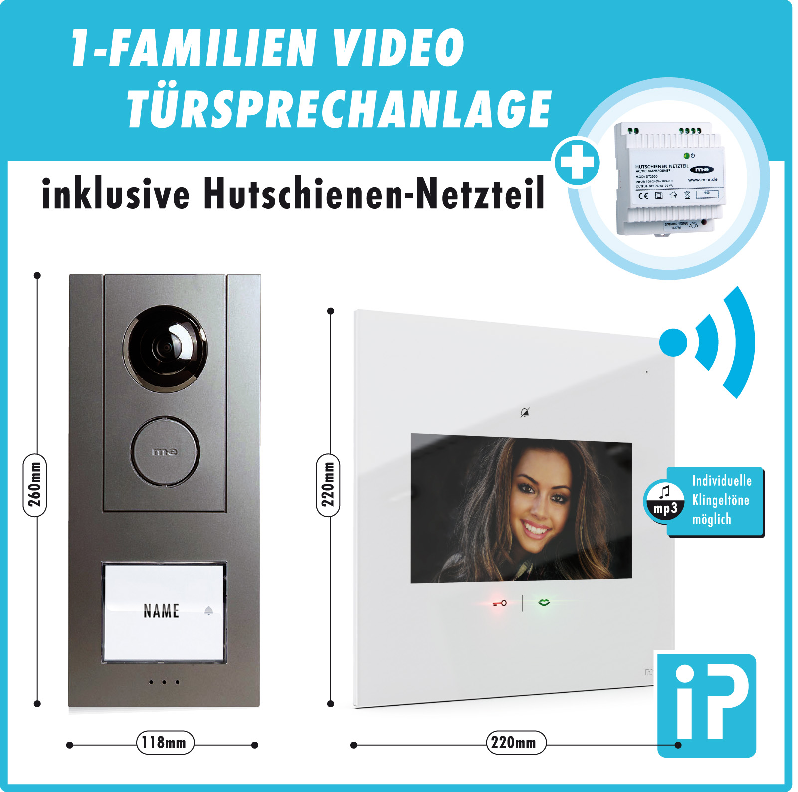 1-Fam.-Haus Set, ALU-Außenstation und IP-Innenstation (App) 7", Sensortouch &mp3 