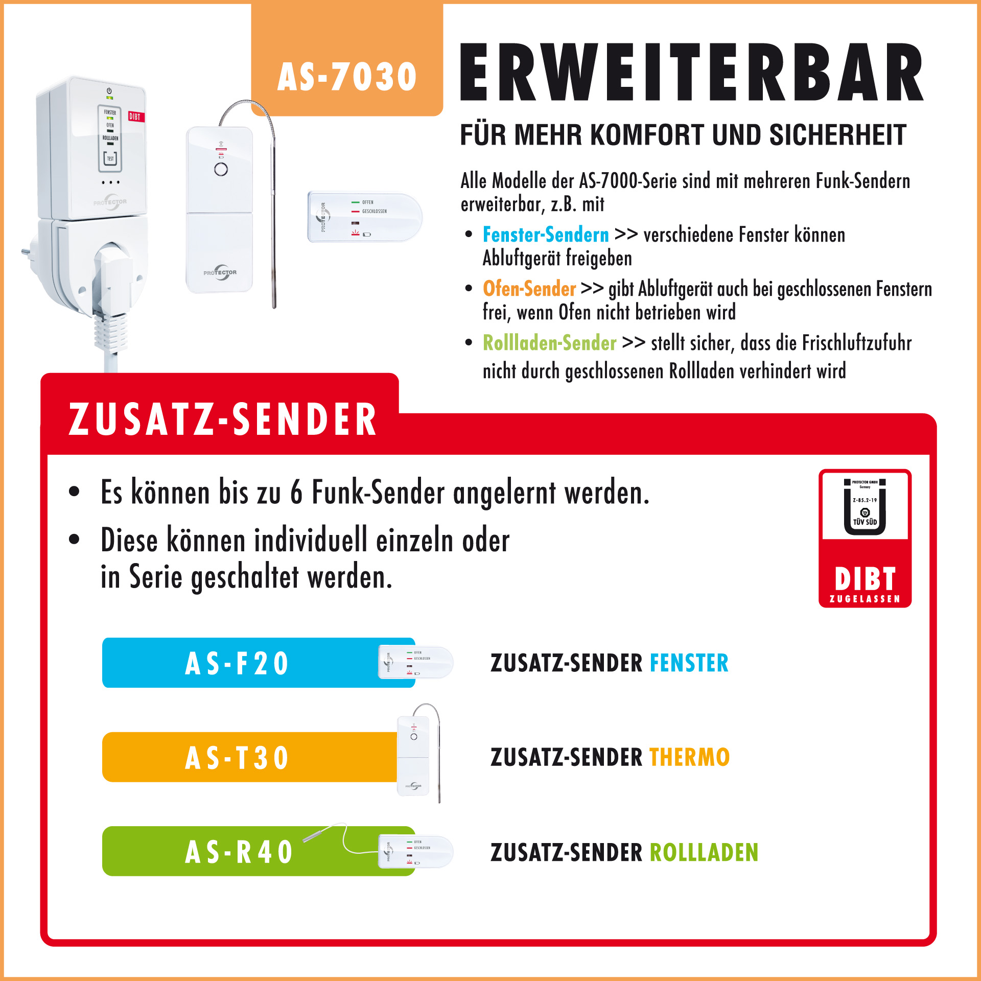 Funk-Abluftsteuerung AS-7030 mit DIBt-Zulassung – Fensterkontaktschalter für Dunstabzugshauben. Inklusive Ofen-Sender mit Temperaturfühler. Funk-Abluftsteuerung AS-7030 mit DIBt-Zulassung – Fensterkontaktschalter für Dunstabzugshauben. Inklusive Ofen-Sender mit Temperaturfühler.