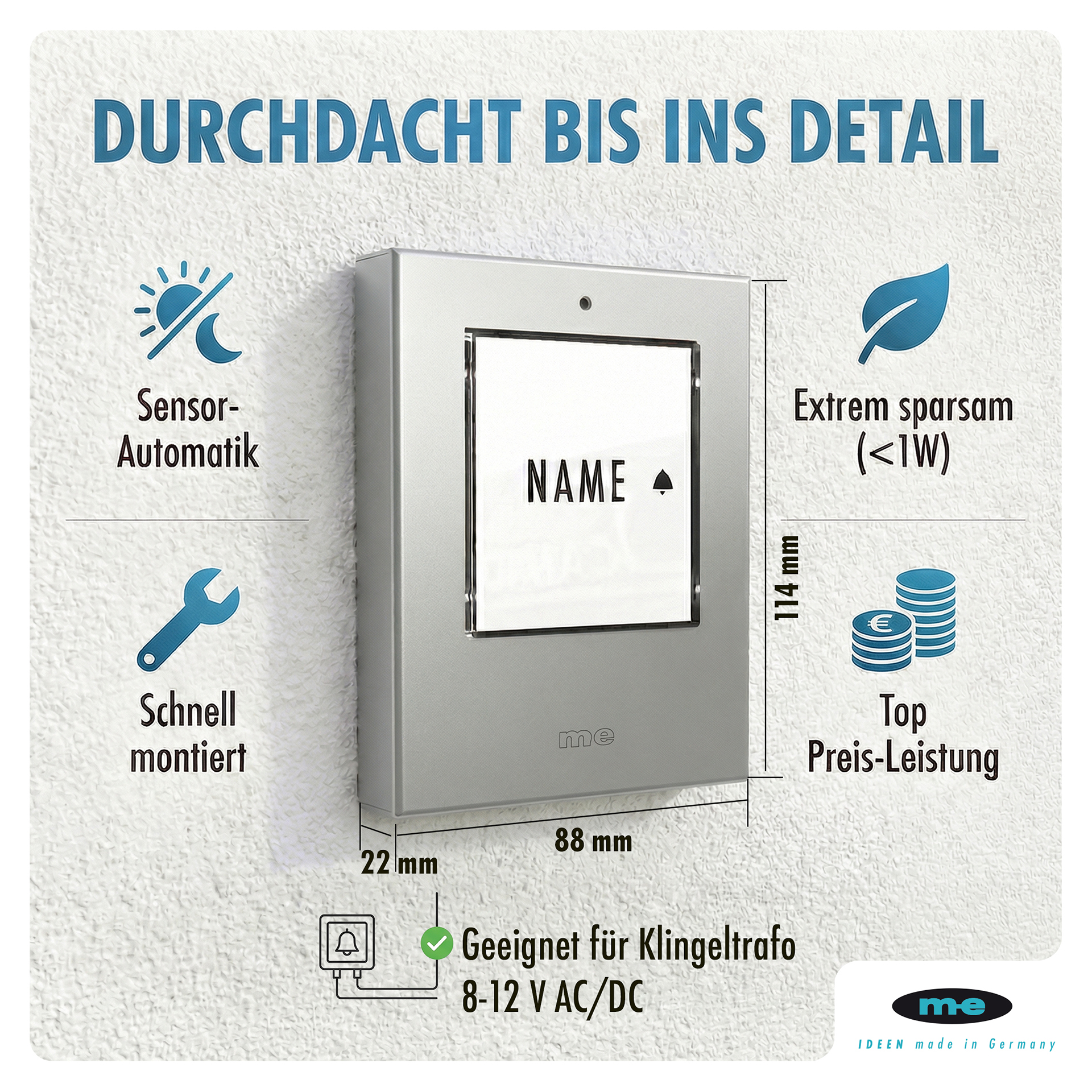 Klingeltaster, beleuchtet 1, 2, 3-Familienh. Kunststoff oder Edelstahl (AP)