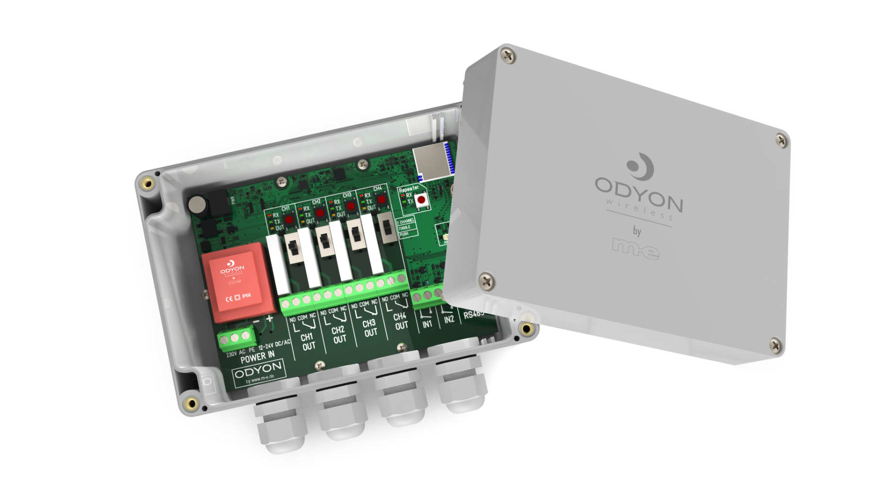 ODYON-pro-WE230-offen-1800px-Fin1 ODYON PRO 12-24V Funk-Wandempfänger/Sender 4-Kanal inkl Repeater, bis 4.000m Reichweite