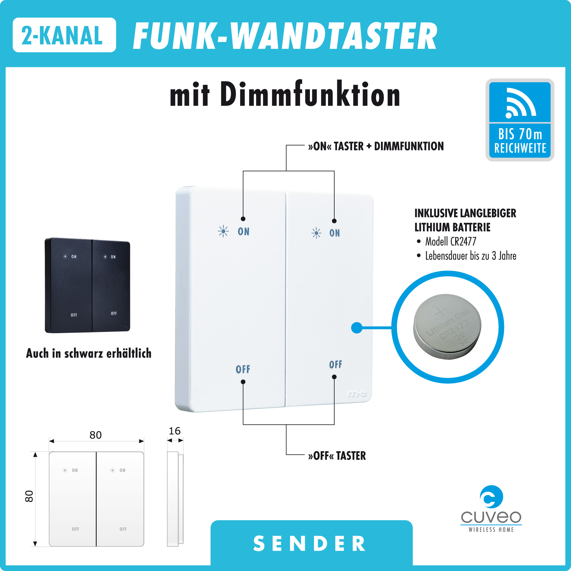 CUVEO Funk-Wandtaster 2-Kanal CUVEO Funk-Wandtaster 2-Kanal