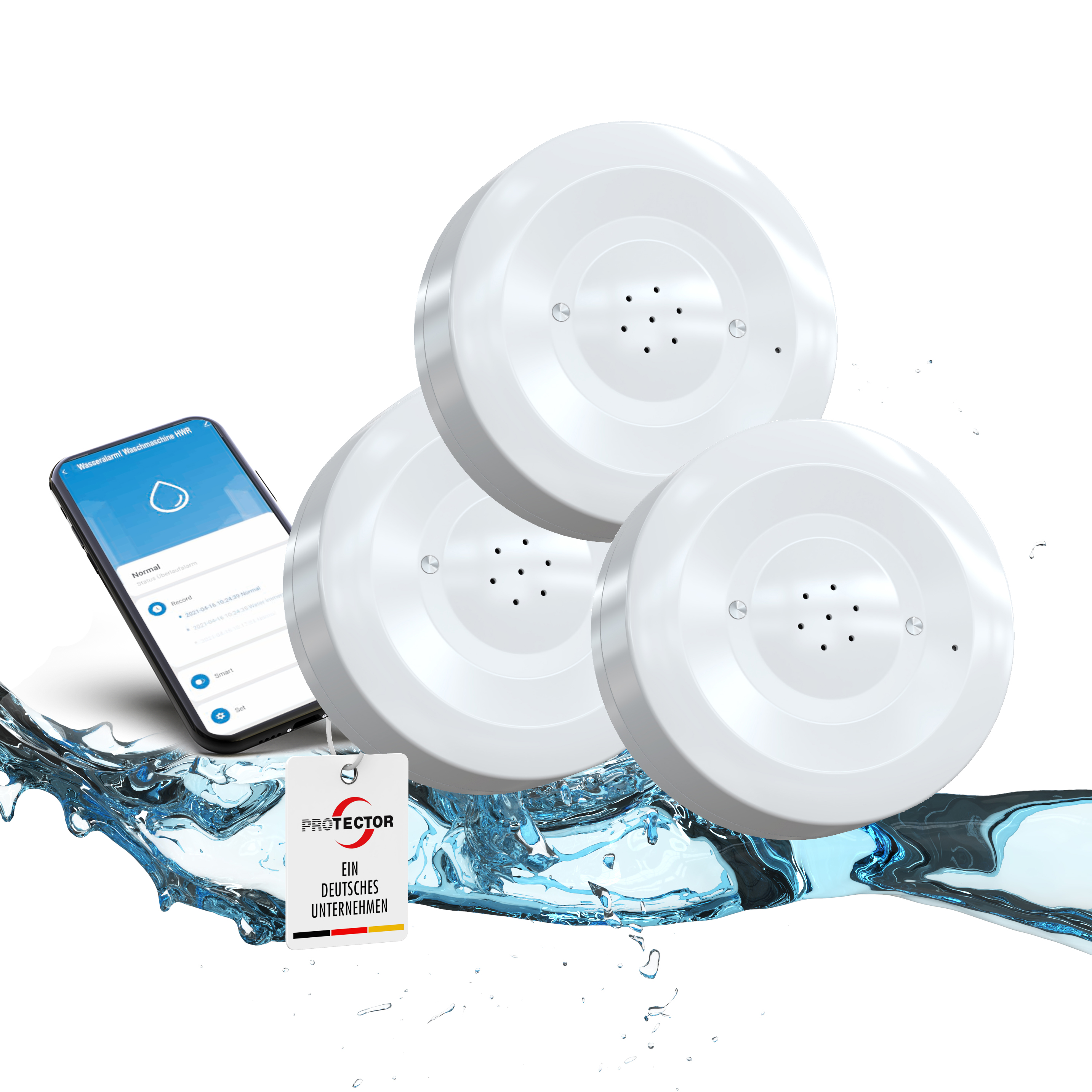 3er-Set WLAN WASSERALARM, rund, 2-fache Sicherheit
