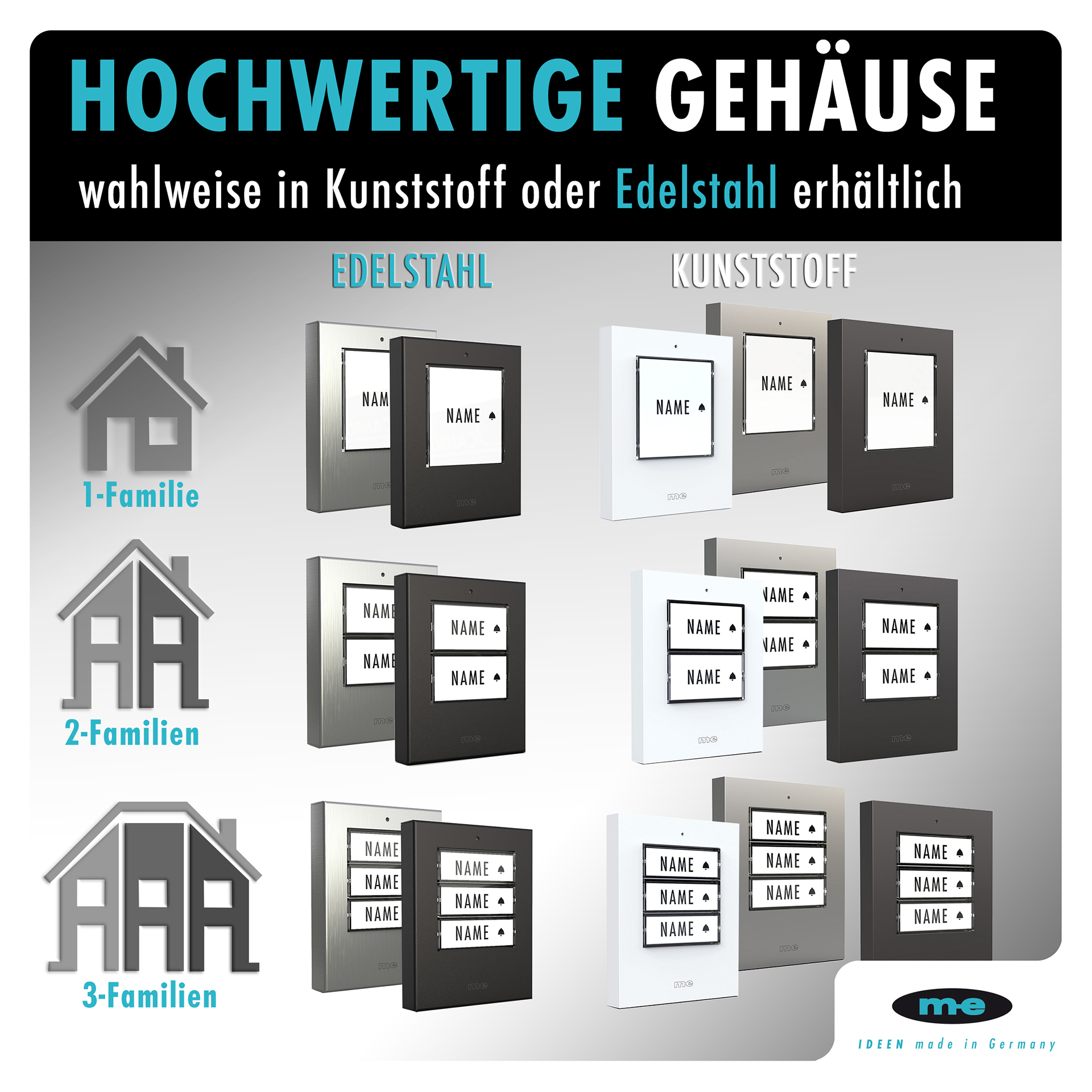 Klingeltaster, beleuchtet 1, 2, 3-Familienh. Kunststoff oder Edelstahl (AP)