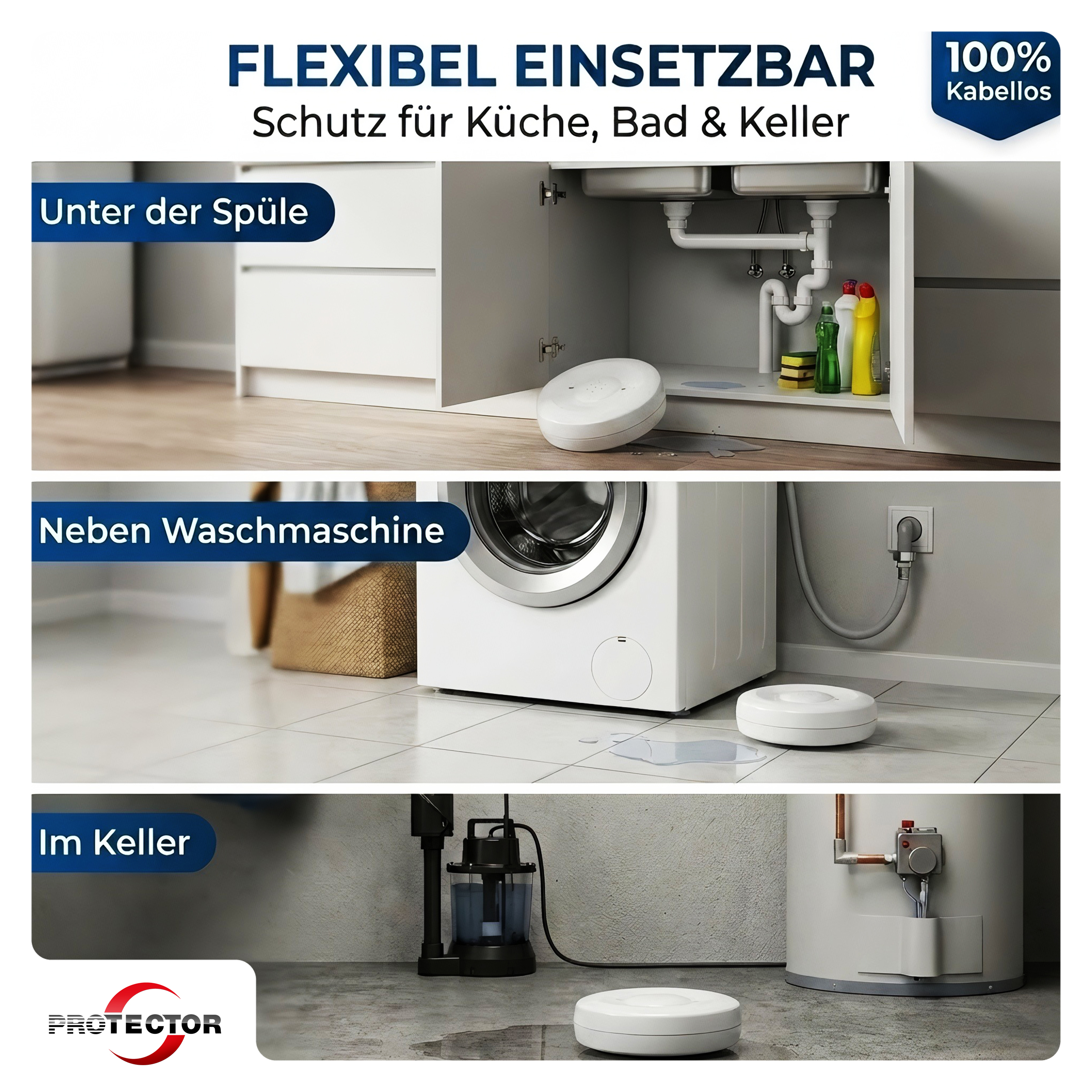 3er-Set WLAN WASSERALARM, rund, 2-fache Sicherheit