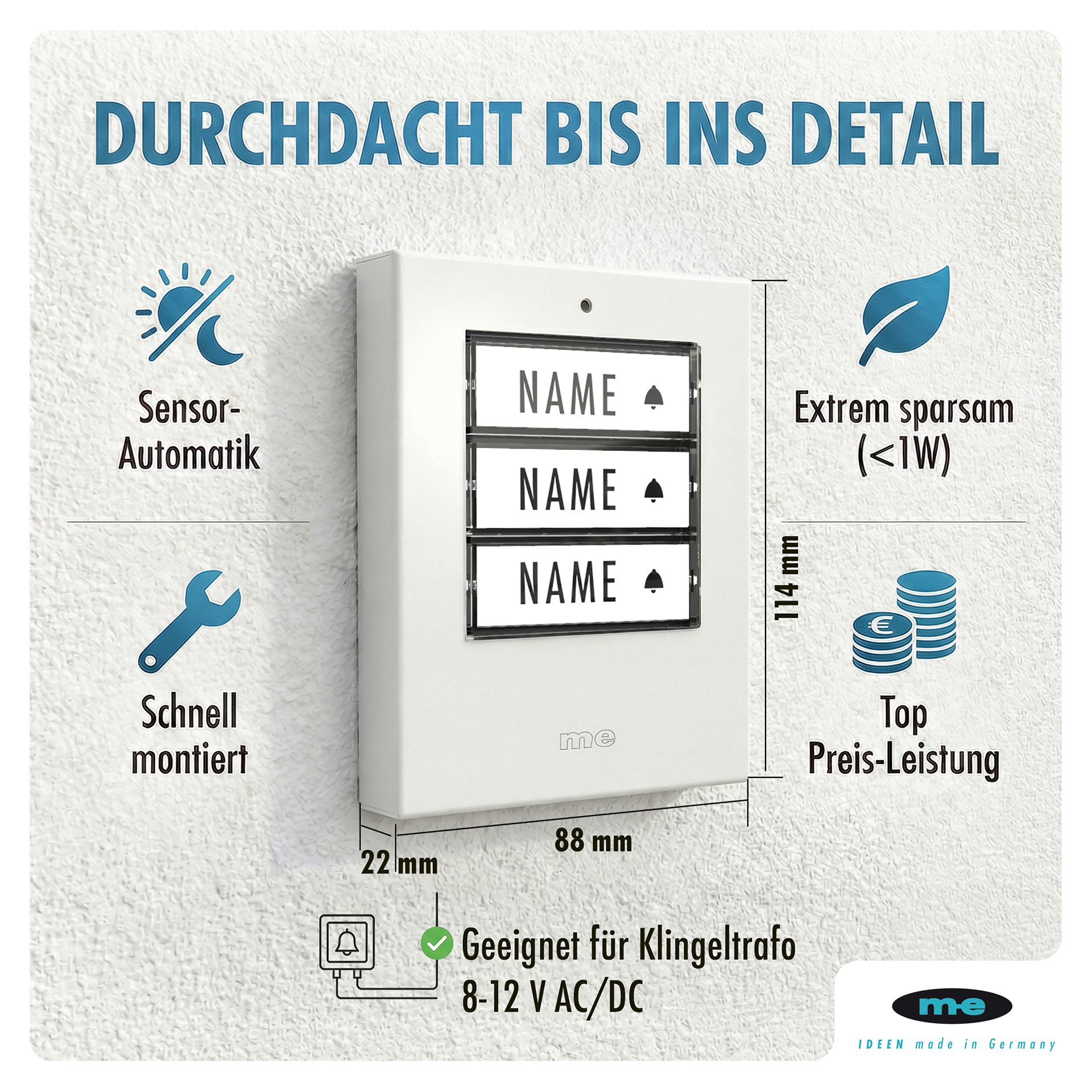 Klingeltaster, beleuchtet 1, 2, 3-Familienh. Kunststoff oder Edelstahl (AP)