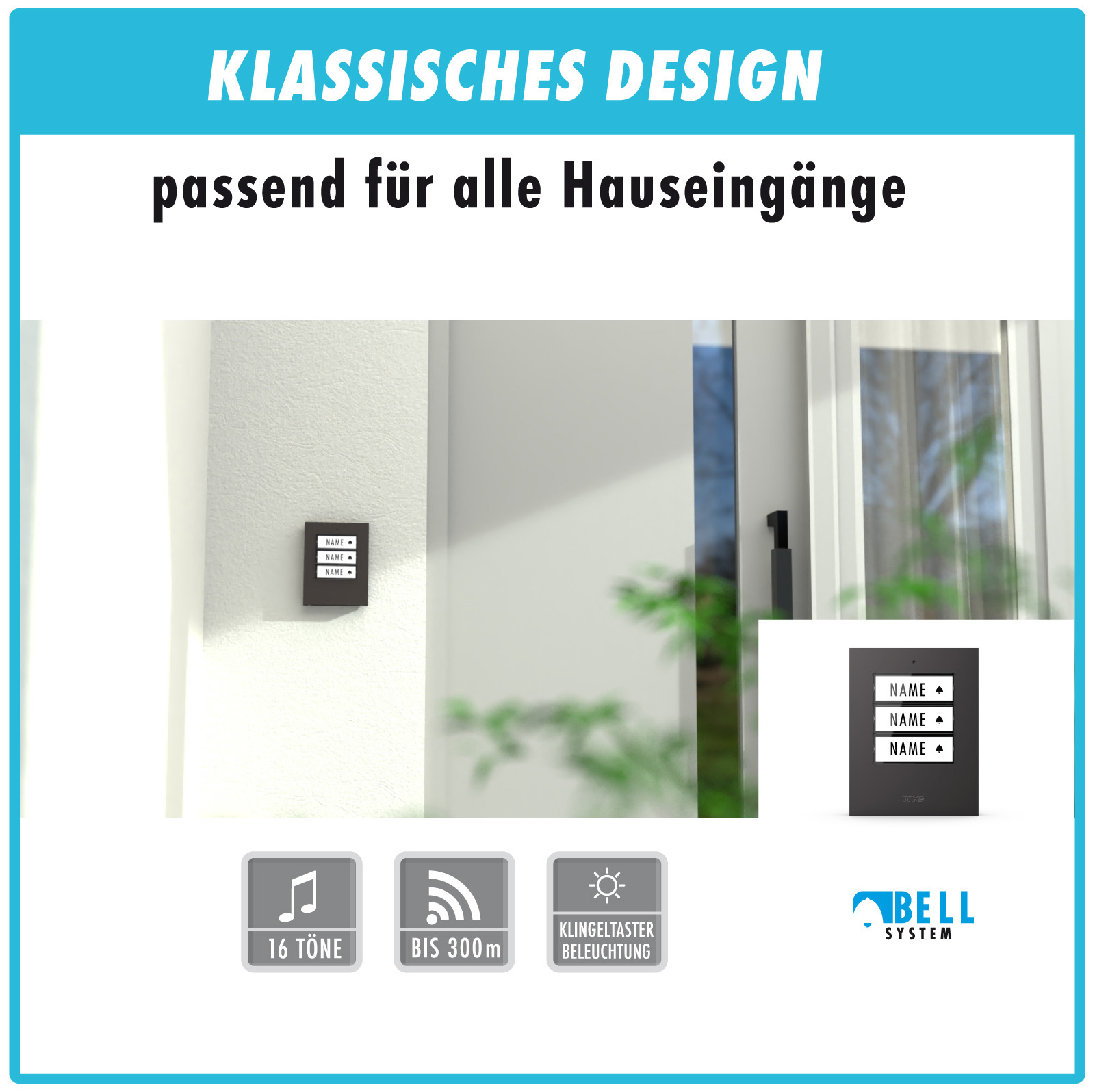 PROMOSET WIFI wahlweise für 1-, 2- oder 3-Familienhäuser mit WIFI Funk-Türglocke für die Steckdose, Sender wahlweise in Kunststoff oder Edelstahl
