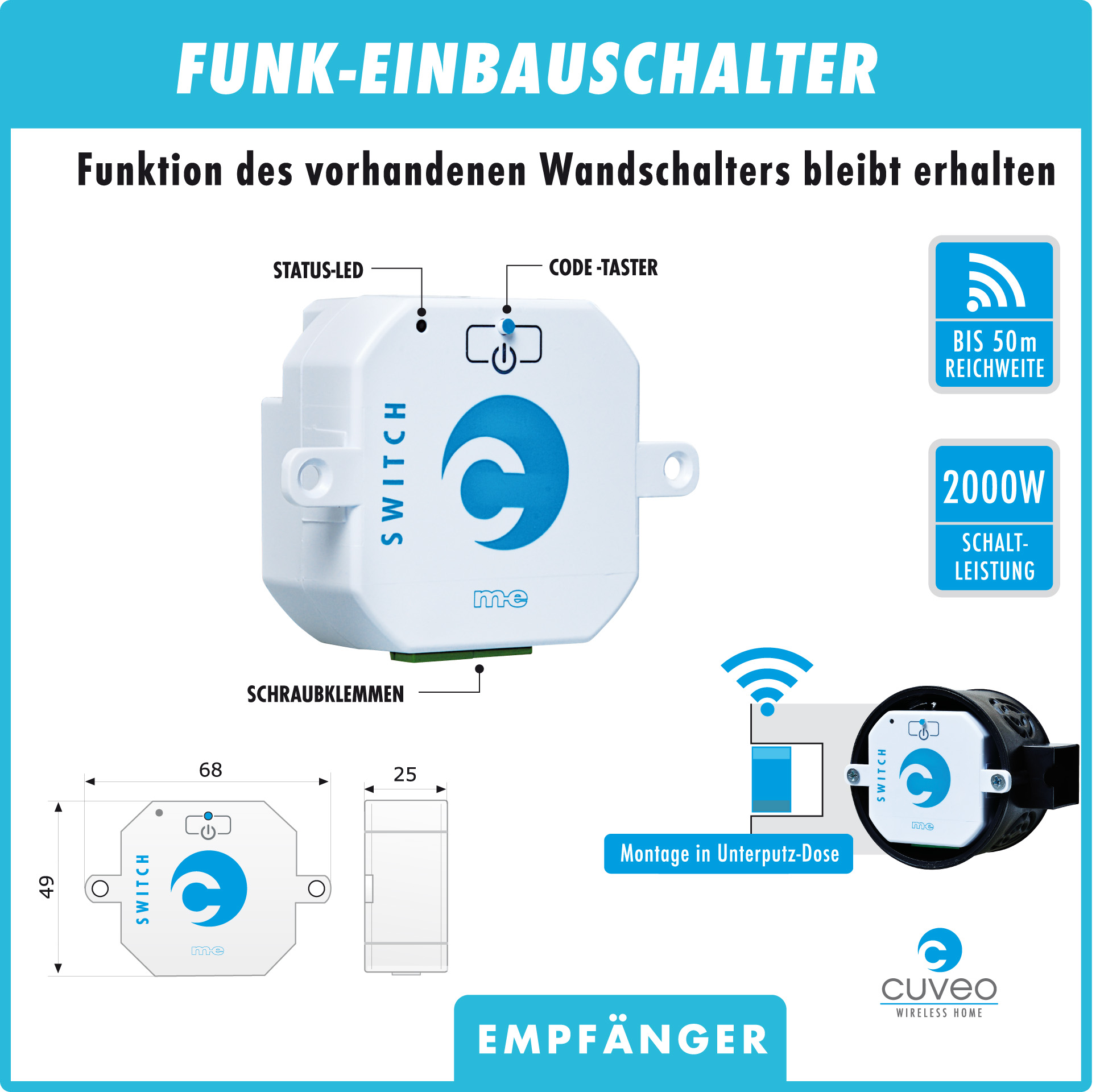 CUVEO Einbau-Startersets, 1- oder 2-Kanal Wandtaster mit Einbaudimmer oder Einbauschalter