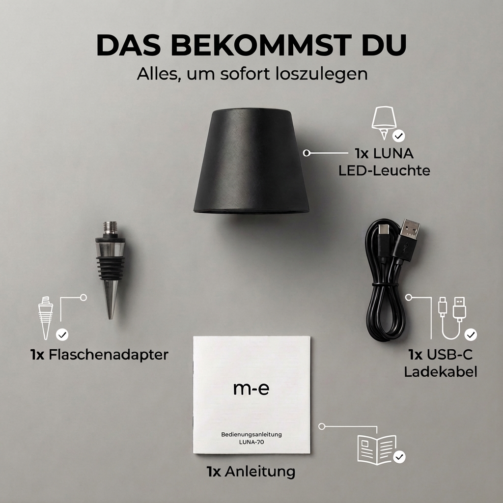 LED Flaschenleuchte mit Lithium-Akku, wahlweise in Farbe schwarz, grau oder weiß