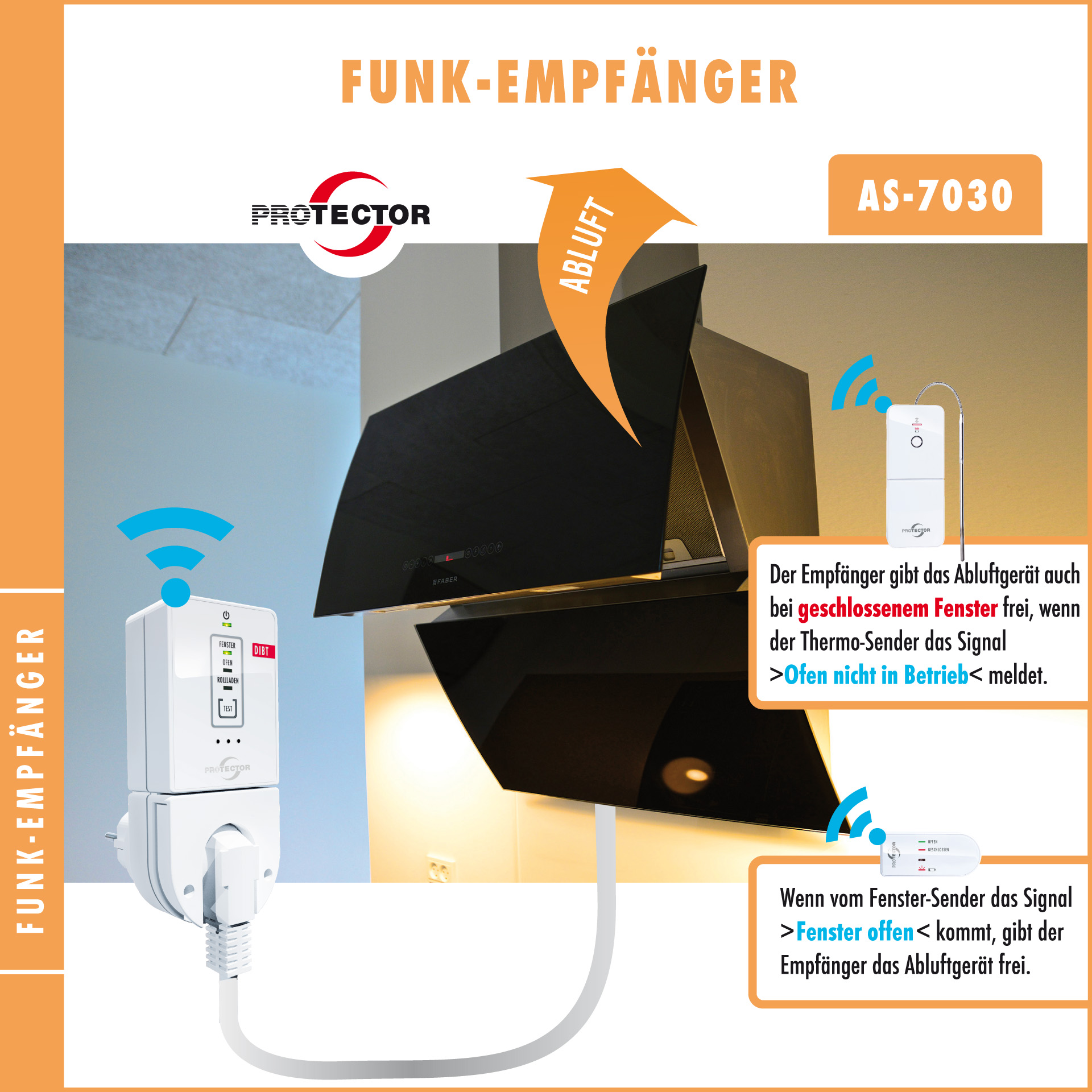 Funk-Abluftsteuerung AS-7030 mit DIBt-Zulassung – Fensterkontaktschalter für Dunstabzugshauben. Inklusive Ofen-Sender mit Temperaturfühler. Funk-Abluftsteuerung AS-7030 mit DIBt-Zulassung – Fensterkontaktschalter für Dunstabzugshauben. Inklusive Ofen-Sender mit Temperaturfühler.