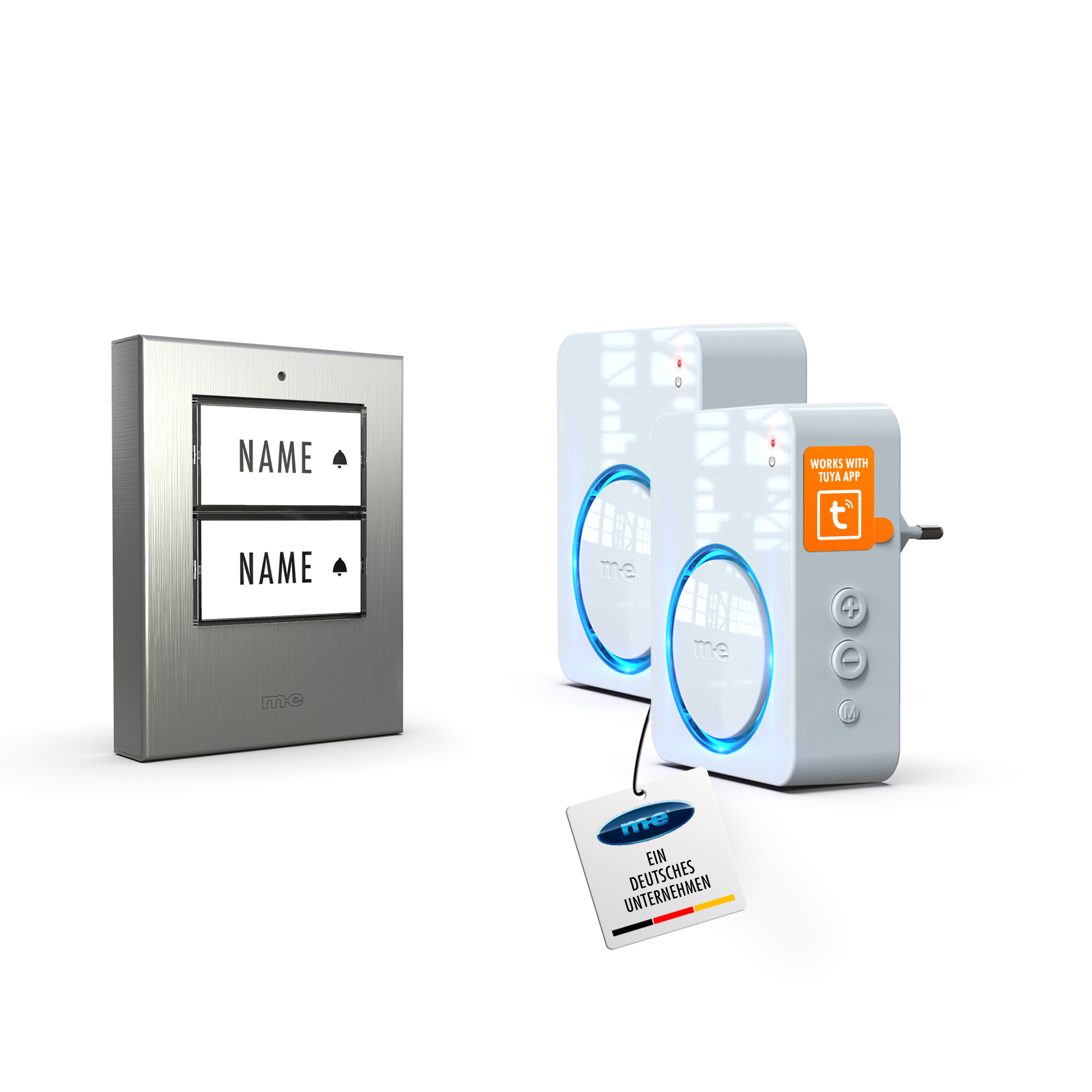 PROMOSET WIFI wahlweise für 1-, 2- oder 3-Familienhäuser mit WIFI Funk-Türglocke für die Steckdose, Sender wahlweise in Kunststoff oder Edelstahl