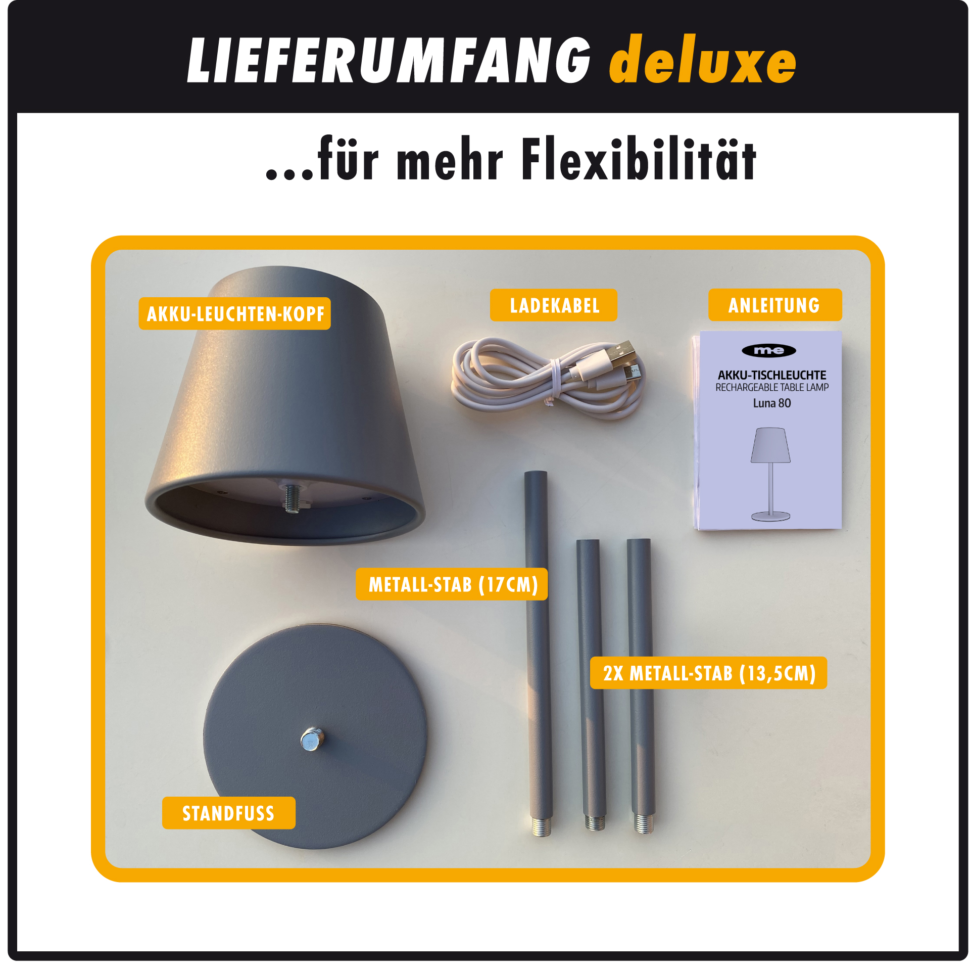 LED-Tischleuchte LUNA-80 G in GRAU, Kabellose Akku-Tischlampe mit Langzeit-Beleuchtung von 8 bis 72 Std durch 5200mAh Akku, inkl. Flaschenadapter