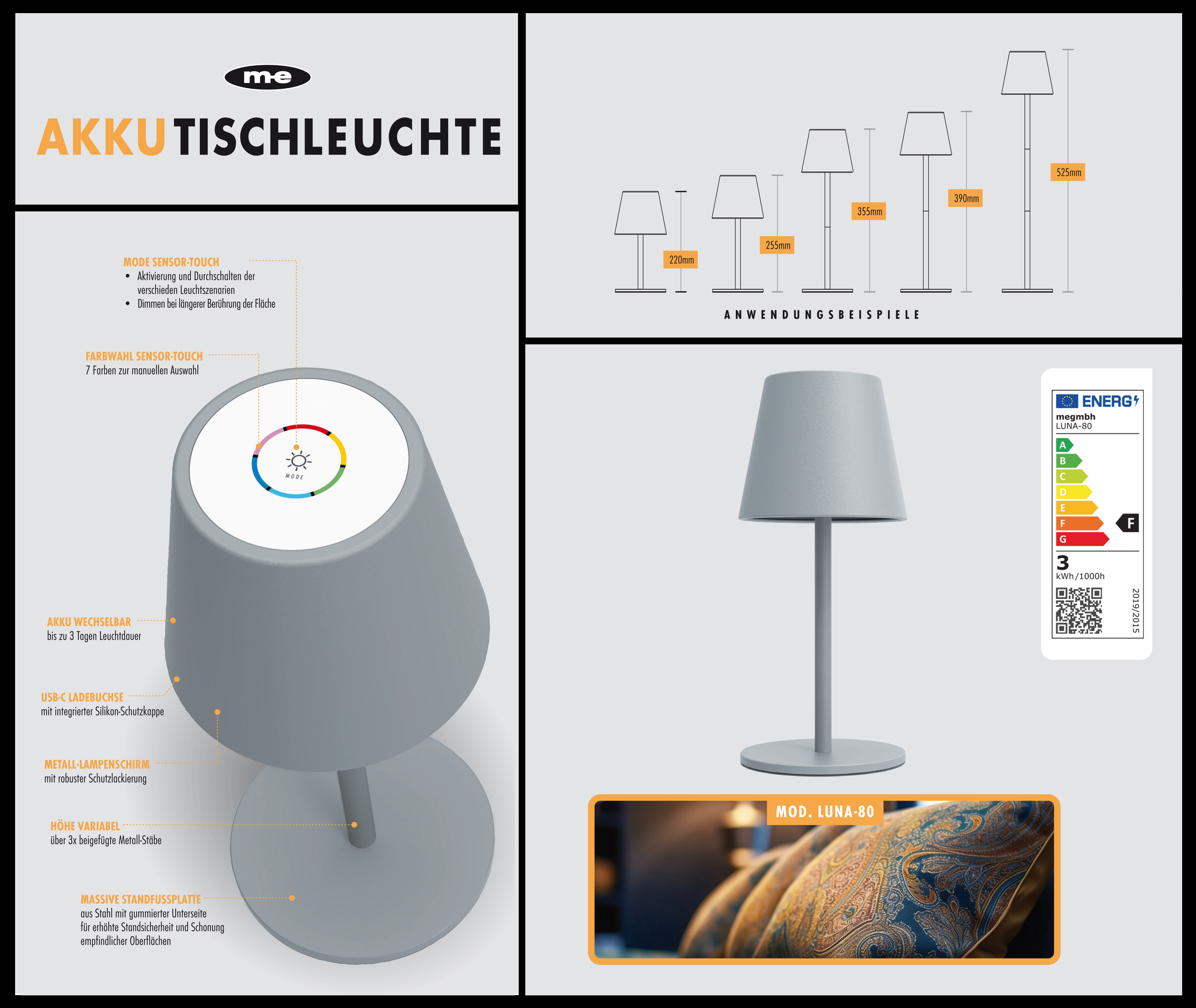 LED-Tischleuchte LUNA-80 G in GRAU, Kabellose Akku-Tischlampe mit Langzeit-Beleuchtung von 8 bis 72 Std durch 5200mAh Akku, inkl. Flaschenadapter