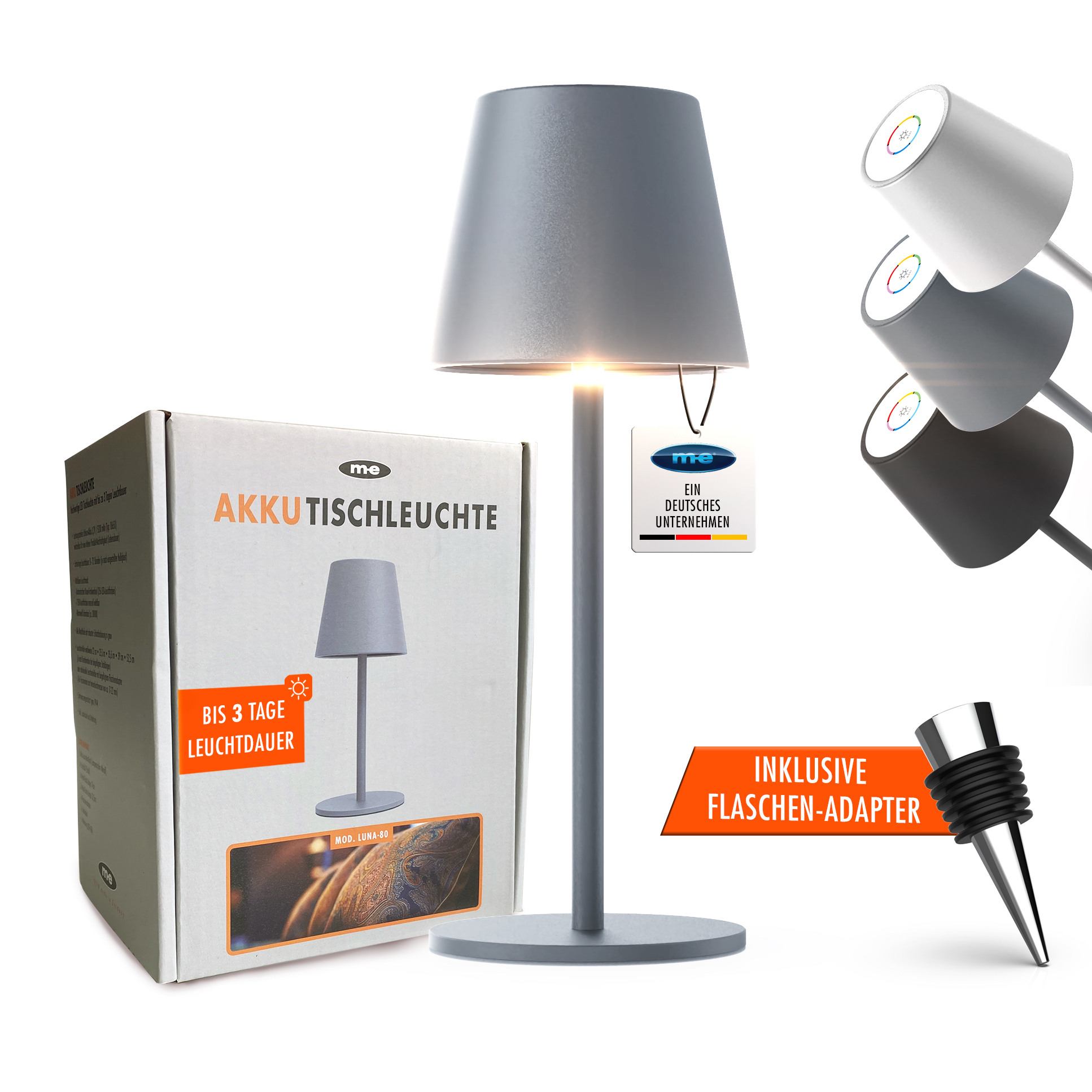 LED-Tischleuchte LUNA-80 G in GRAU, Kabellose Akku-Tischlampe mit Langzeit-Beleuchtung von 8 bis 72 Std durch 5200mAh Akku, inkl. Flaschenadapter