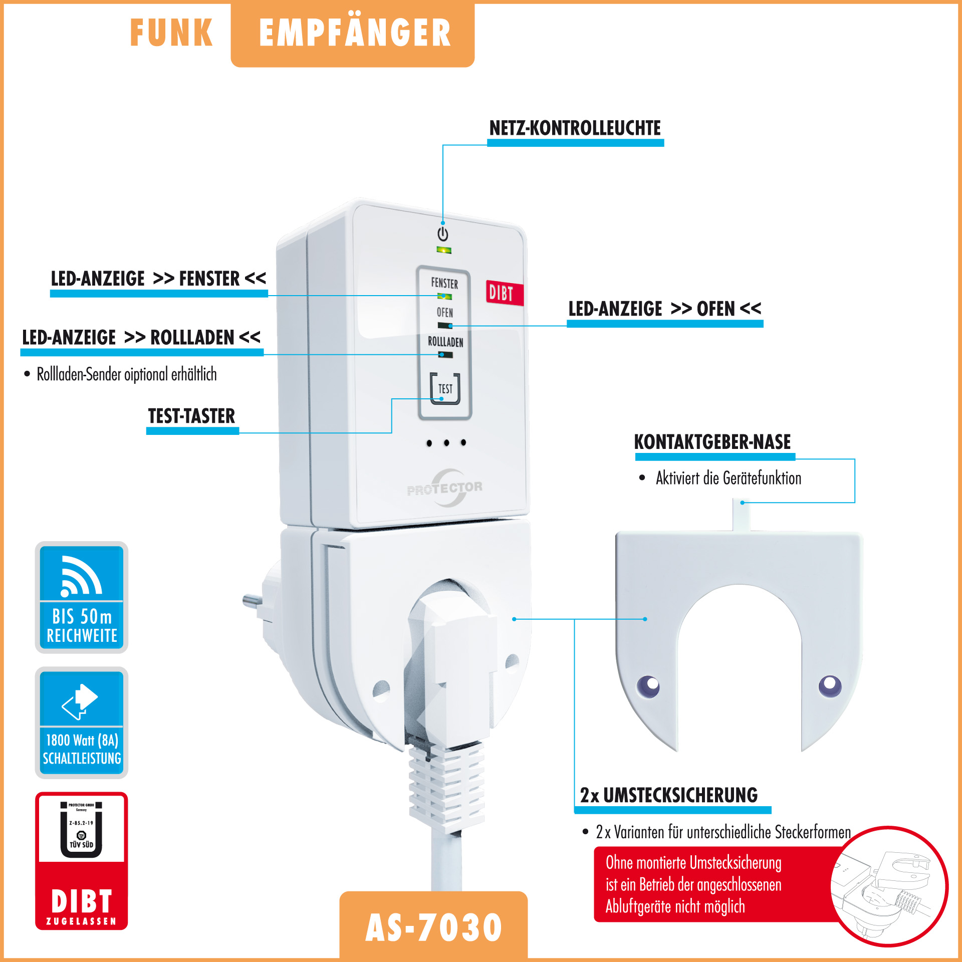 Funk-Abluftsteuerung AS-7030 mit DIBt-Zulassung – Fensterkontaktschalter für Dunstabzugshauben. Inklusive Ofen-Sender mit Temperaturfühler. Funk-Abluftsteuerung AS-7030 mit DIBt-Zulassung – Fensterkontaktschalter für Dunstabzugshauben. Inklusive Ofen-Sender mit Temperaturfühler.