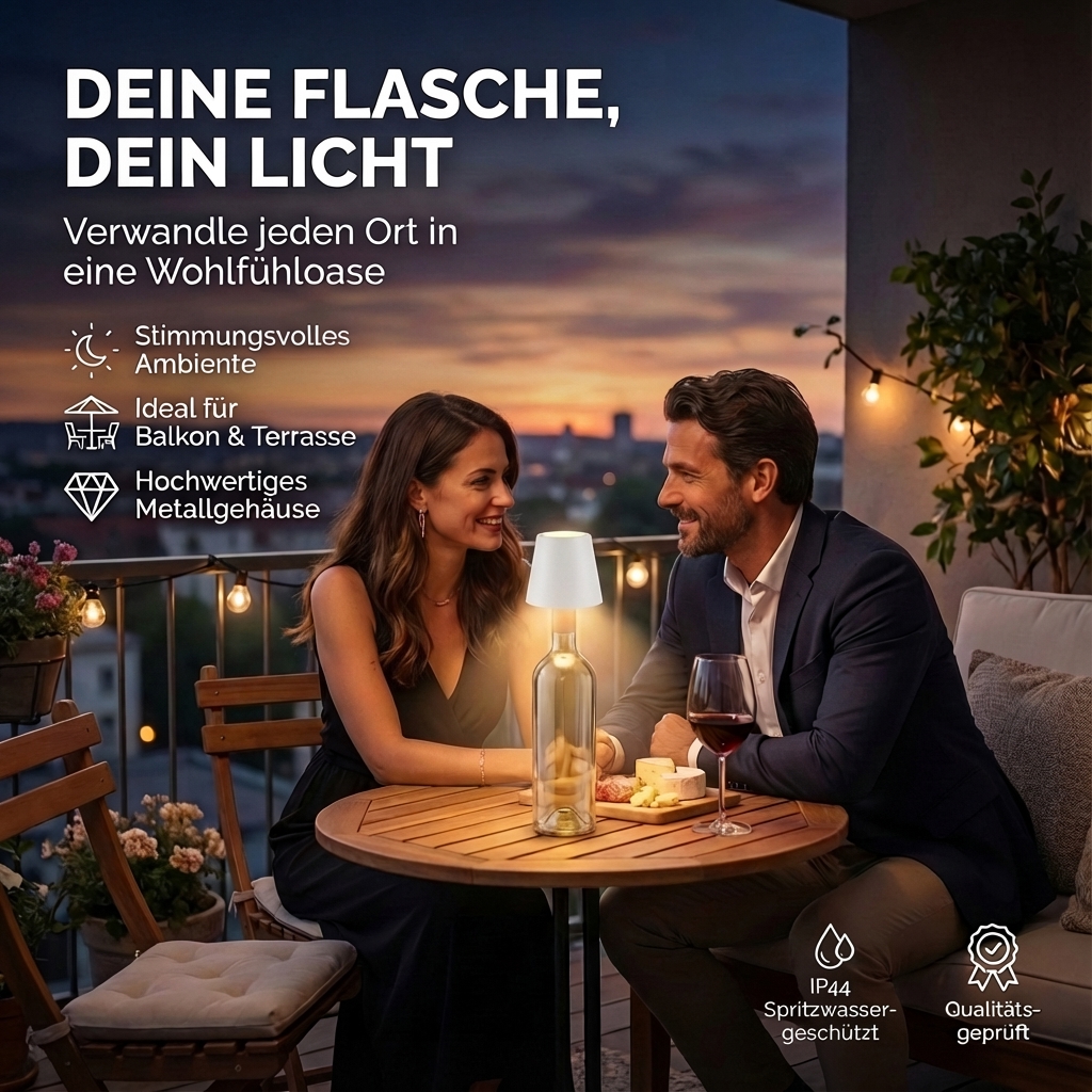 LED Flaschenleuchte mit Lithium-Akku, wahlweise in Farbe schwarz, grau oder weiß