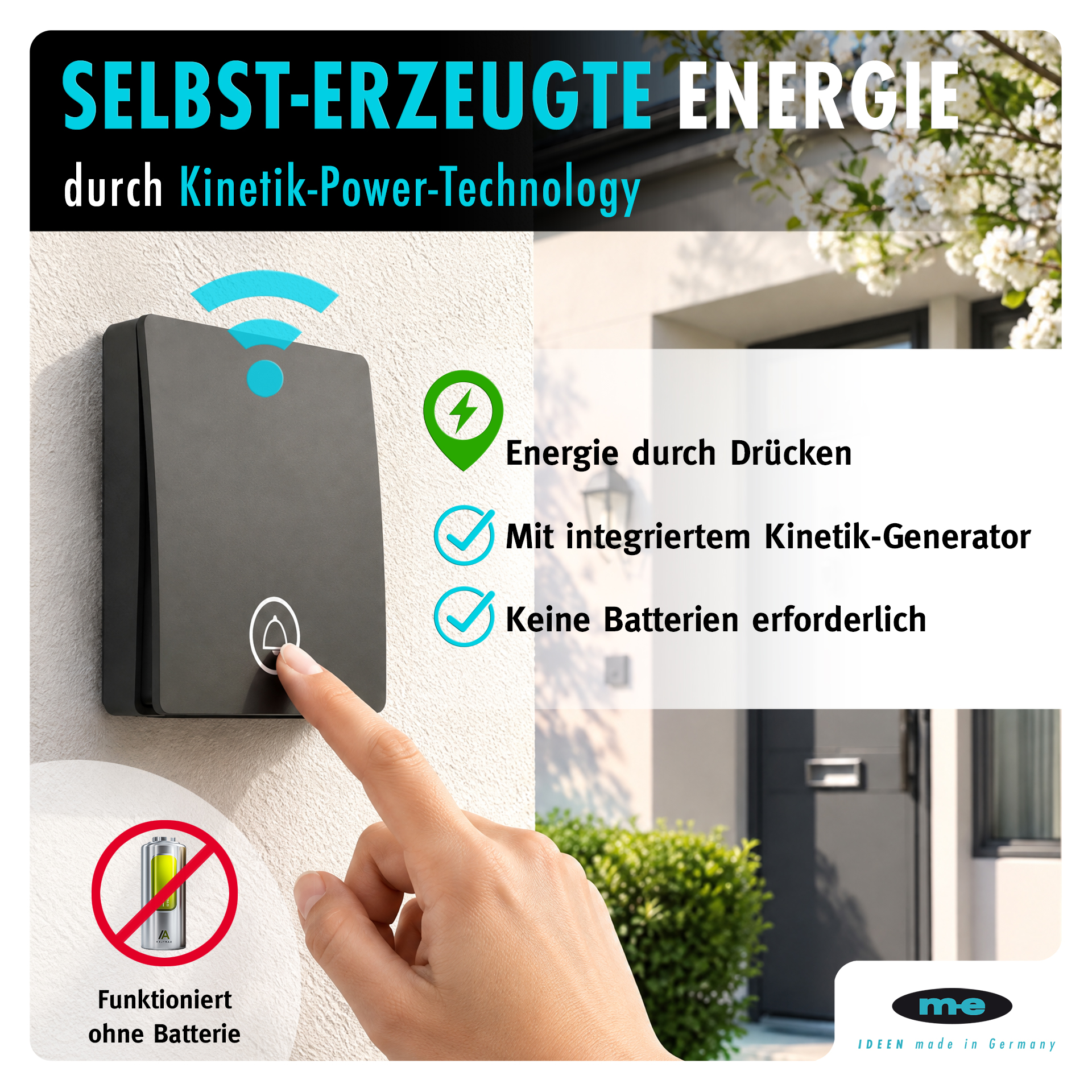 Kinetik-Klingeltaster (ohne Batterie) zur Erweiterung des Sets KB-100